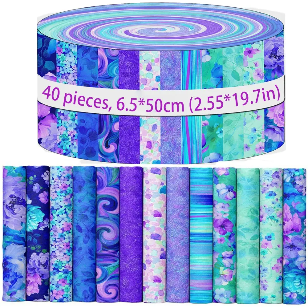 40Pcs Deep Blue Floral Fabric Strips Assorted Patterns Precut Quilting Strips 2.5x19.78 Inch Cotton Fabric Rolls for Birthday DIY Sewing and Craft Decor