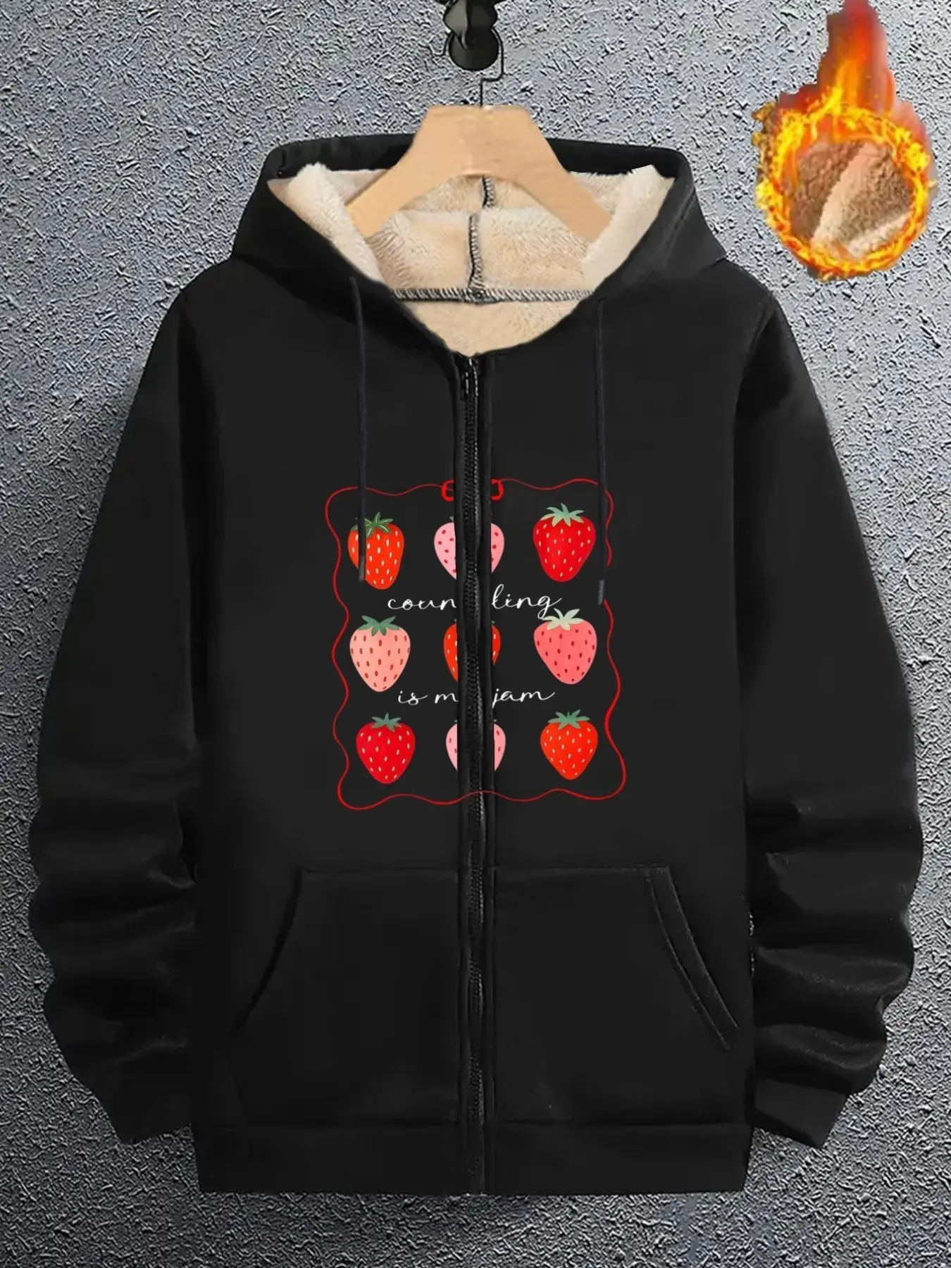 Men's Cartoon Strawberry Print Fleece Jacket, Loose-Fitting Long Sleeve Hooded Sweatshirt, Casual All-Season Warm Outerwear