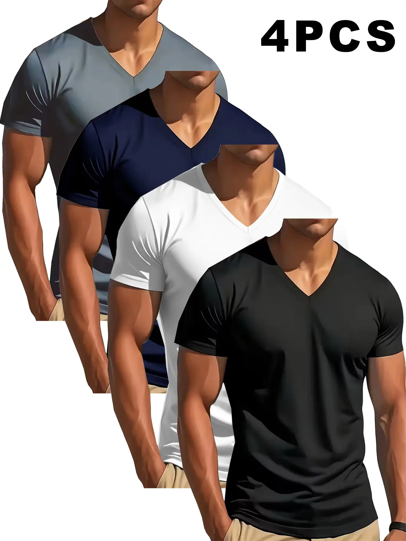 4-pack V-neck T-shirts, more comfortable than you'd expect, slightly stretchy, slim-fit cut, versatile design, men's short-sleeve T-shirt, sweatshirt, quick-dry athletic top, modern silhouette, casual sportswear, elastic fabric