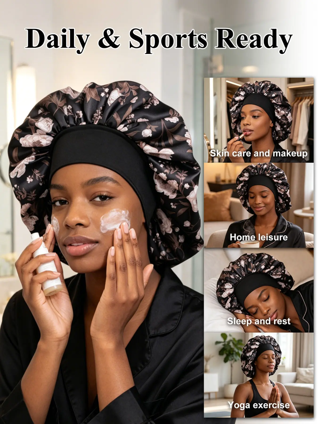 Women's Hair Protection Sleep Cap, Wide Elastic Satin Material, Floral Print Design, Soft and Comfortable, Ideal for Daily Home Use