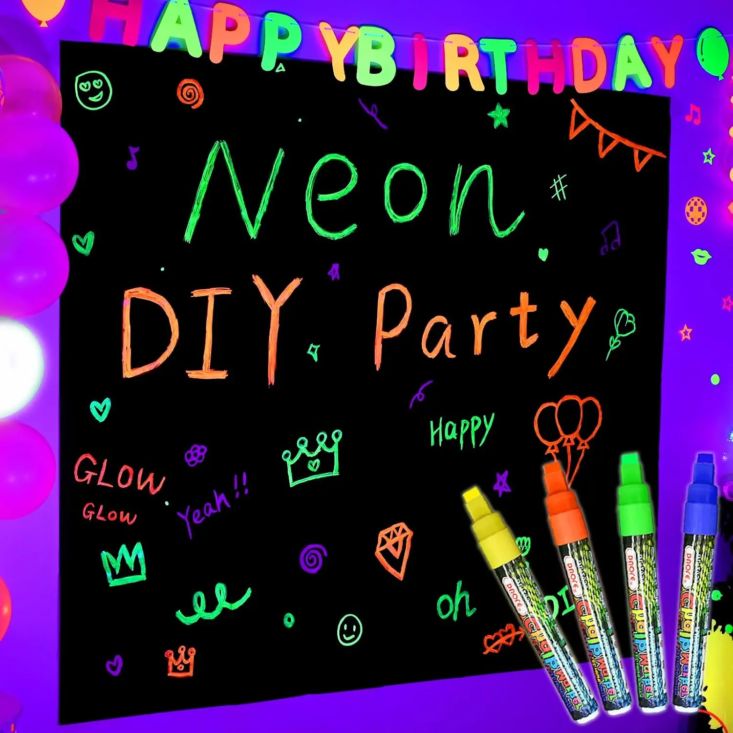 -L Glow in the Dark Party Supplies, Neon DIY Backdrop, 5.9 x 5.2 Ft | 4 Fluorescent Colored Pens Included, Glow Party Decorations for Birthday, Halloween, Graduation,  Year Decor