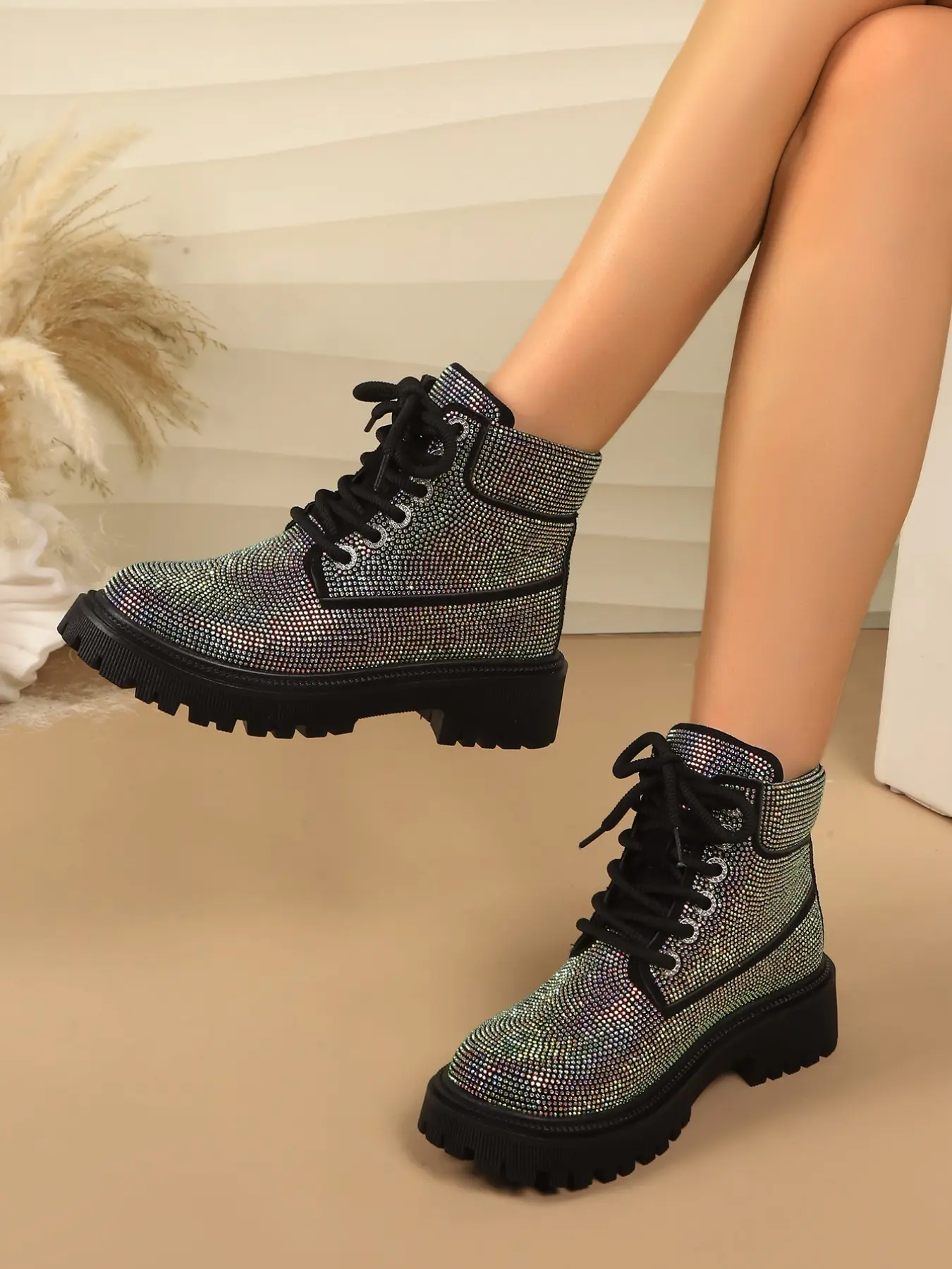 Full Rhinestone Patchwork Work Boots, Thick Sole Round Toe, Street Style Women's Shoes, Shock Absorbing, All Seasons Fashion