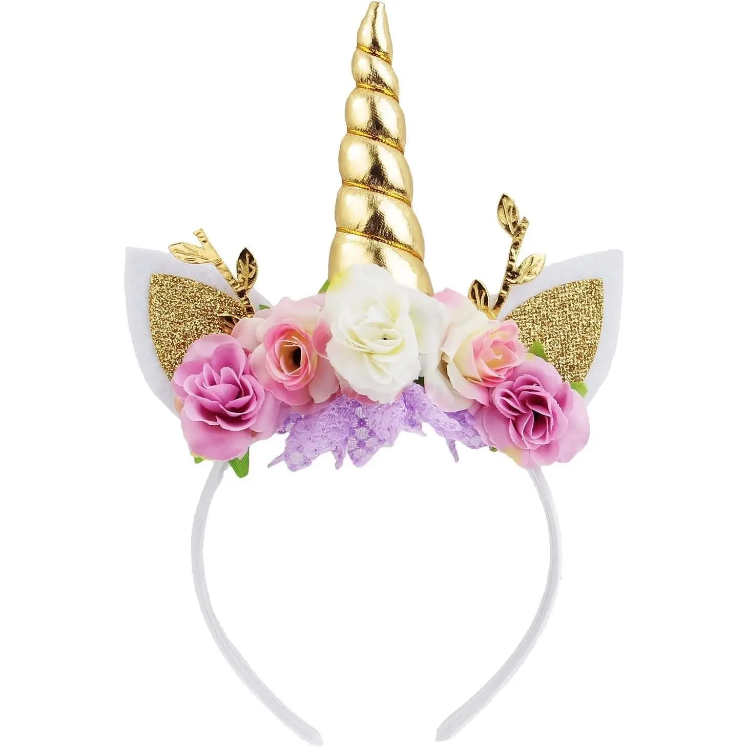 Unicorn Horn Floral Headband with Glitter Ears Pony Headband Tiara for Girls Party Birthday Cosplay(Gift)