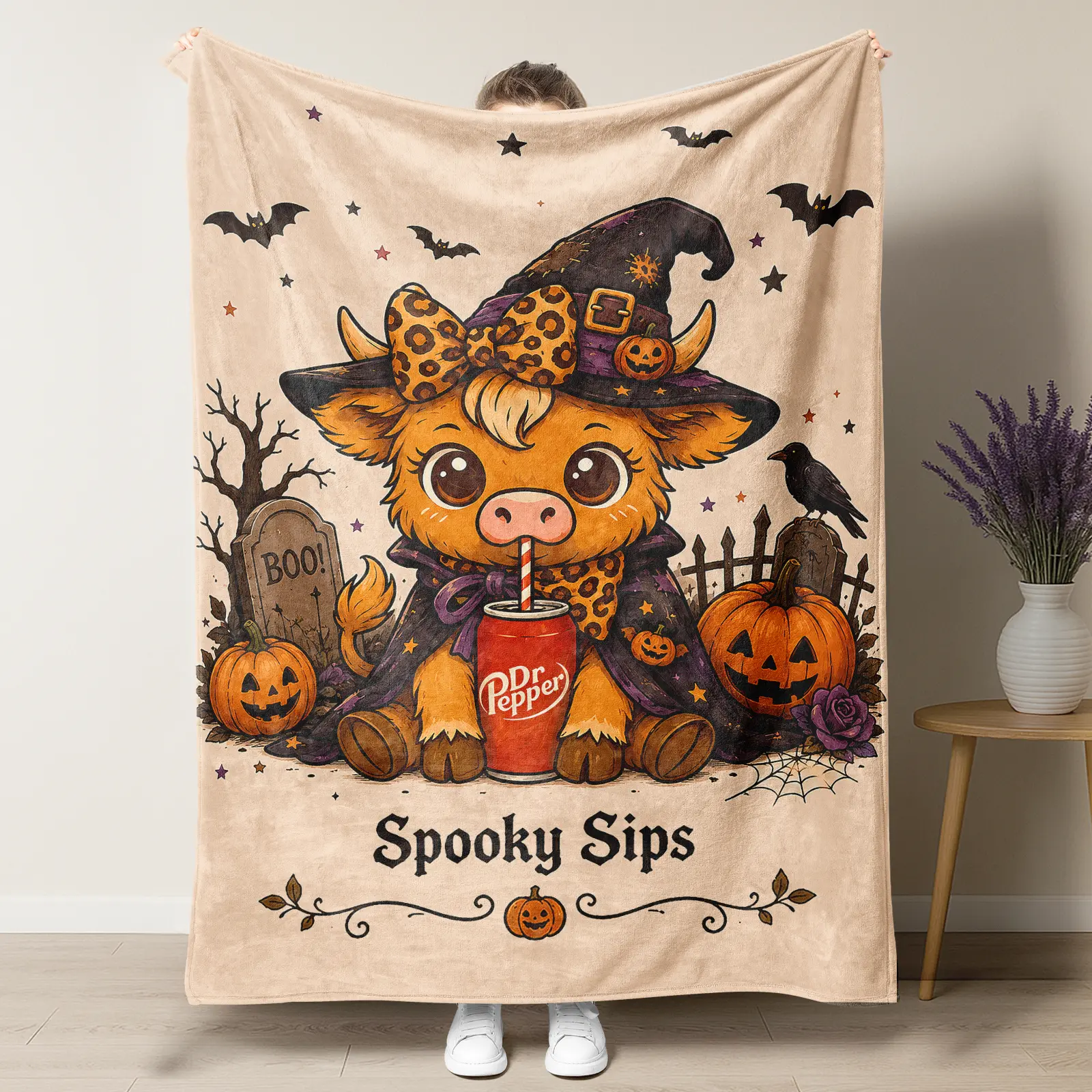 Cute Witch Highland Cow Dr Pepper Halloween Throw Blanket, Spooky Sips Leopard Bow Cow Graveyard Pumpkin Bat Crow Print Soft Fluffy Fleece Blanket, Fall Spooky Season Farmhouse Sofa Bed Decor Gift Blanket