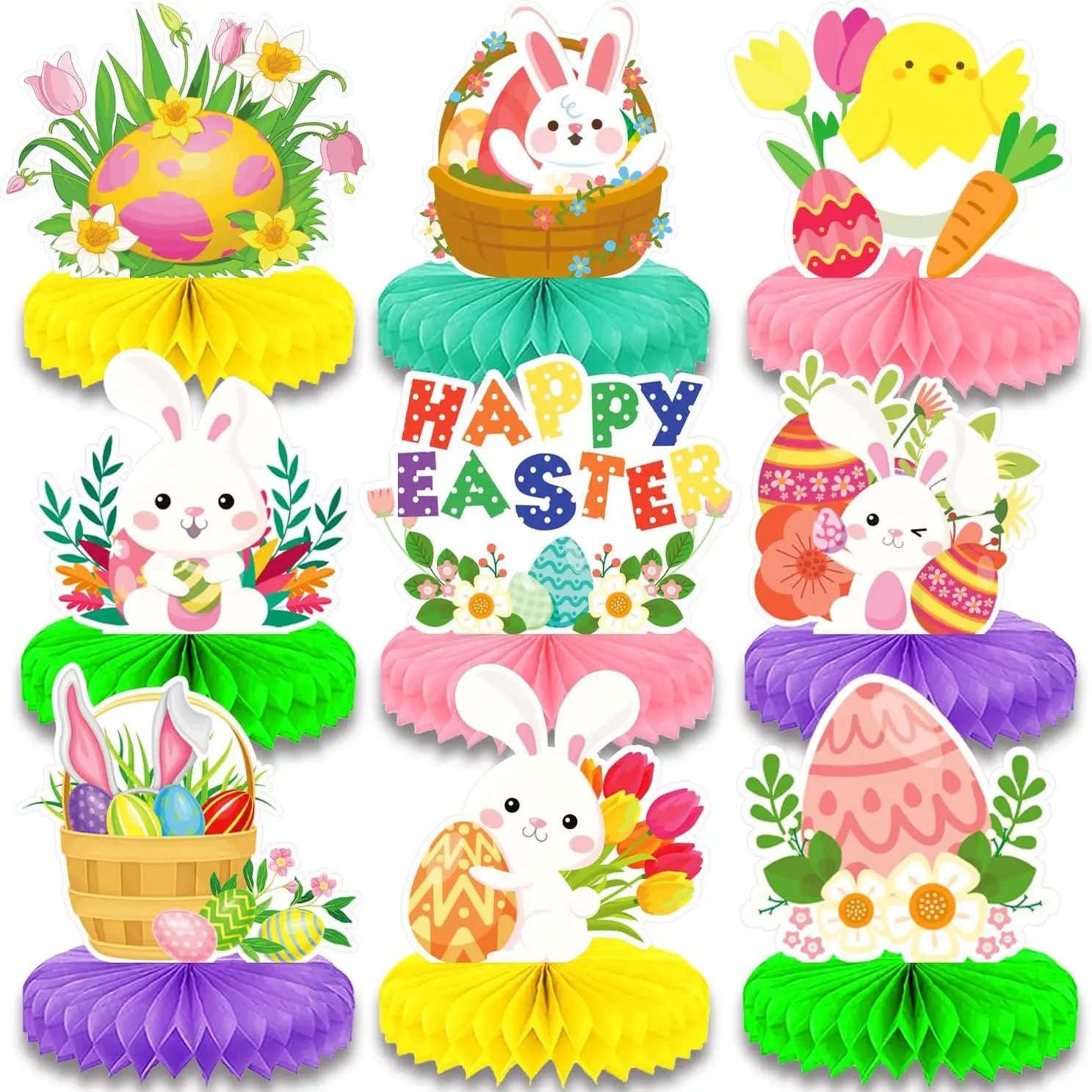 9 count Easter  Centerpieces Table Decor, Cute Bunny Chick and Eggs Happy Easter Spring   Table Topper Ornaments Signs, Holiday Easter Day Party Decorations