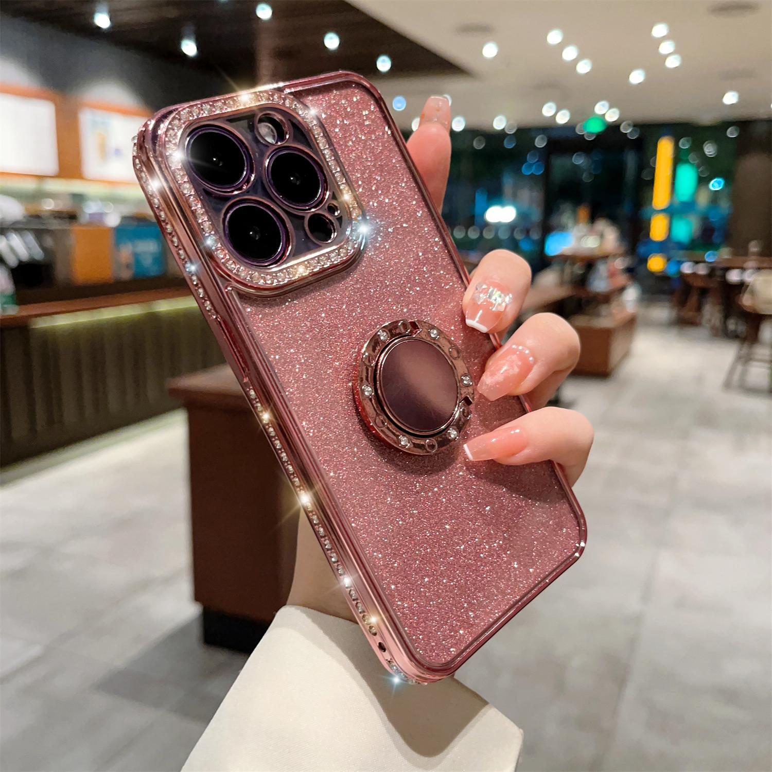 Bling Glitter Ring Case For iPhone 16 15 14 13 12 11 Pro Max Ring Holder Kickstand Case Plating Bumper Cover with Camera Lens Protector