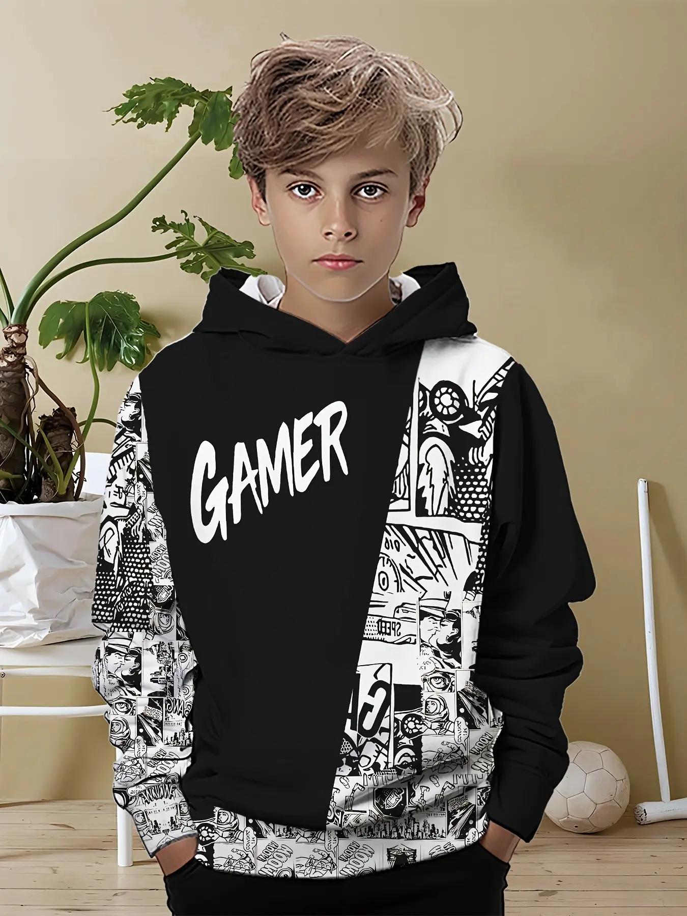 Boys' 3D Print Casual Hooded Sweatshirt, Fall & Winter Long Sleeve Pullover, Loose-Fitting Kids Clothing, Trendy Apparel