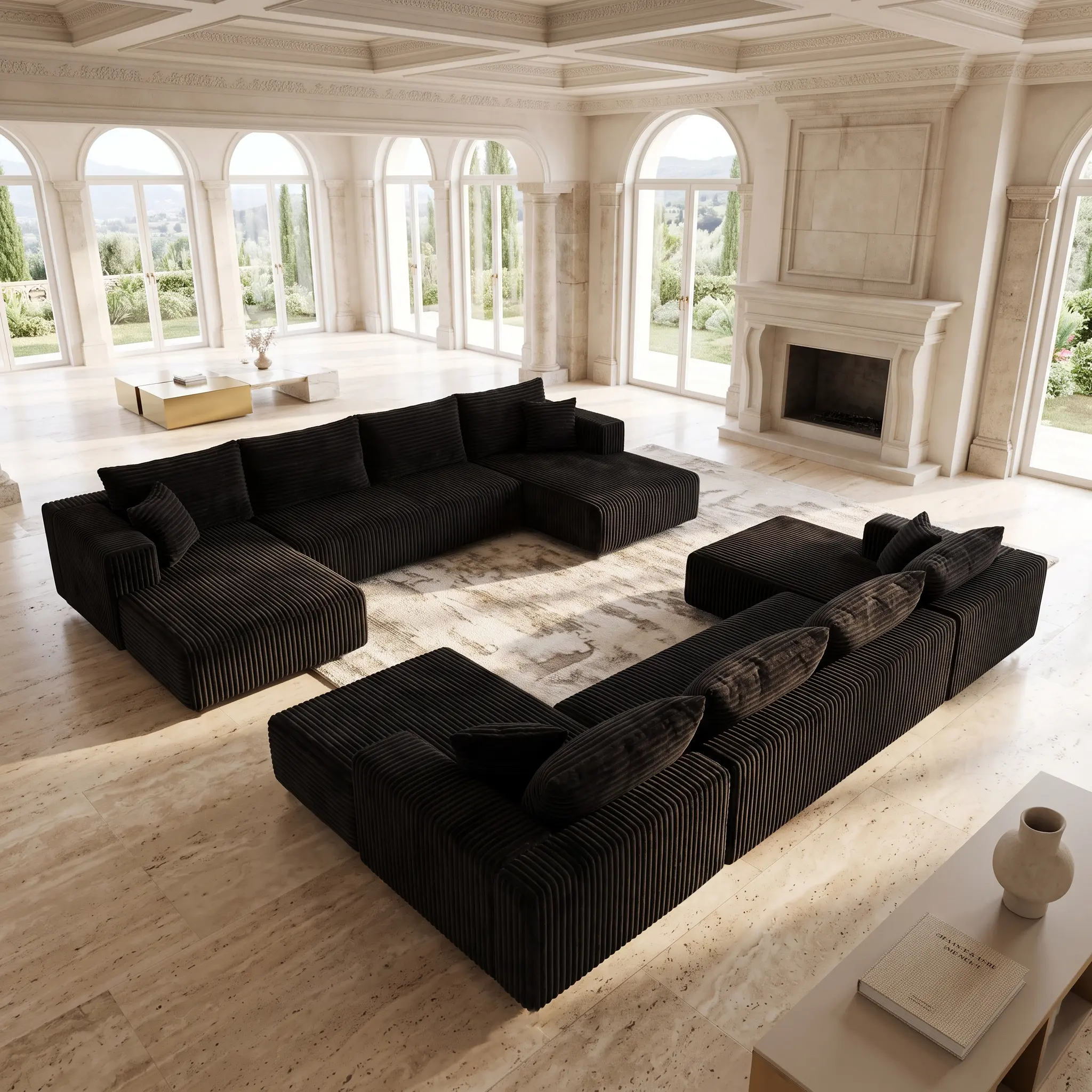 Ultra-large corduroy U-shaped modular sofa, ultra-deep cloud sofa with a reversible recliner, modern modular furniture suitable for spacious living rooms and home theaters
