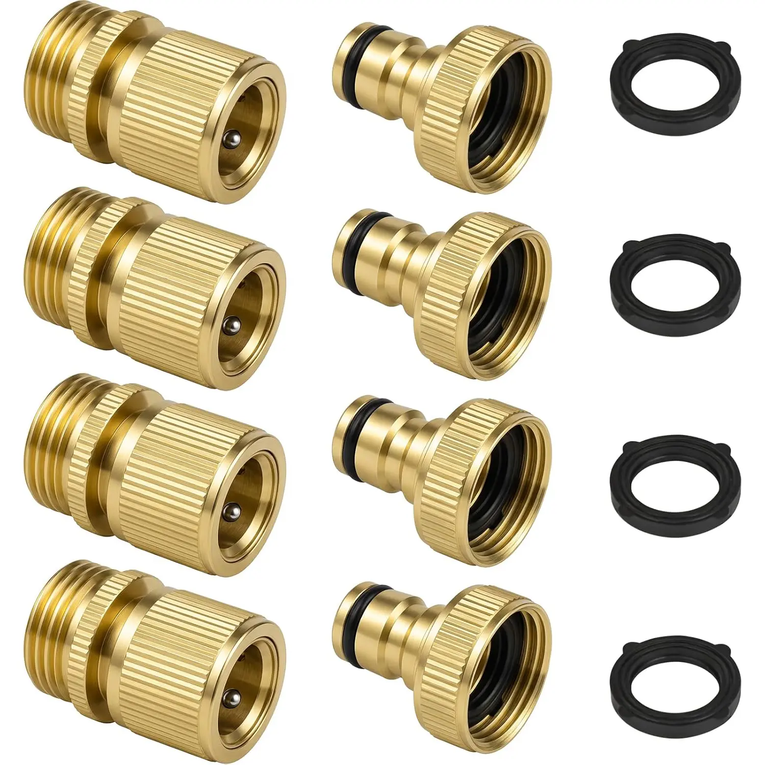 Solid Brass Garden Hose Quick Connect Fittings, 3/4" GHT,Quick Connect Kit, Female &Male Connectors with Extra Washers, Leak-Resistant, Quick Release Hose Connector for Garden Watering,4 sets