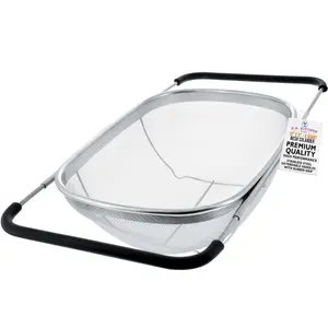 Kitchen Stainless Steel Strainer Basket, 6 Quart Foldable, Adjustable Rubber Handle, Rectangular Mesh, Fine Pore, Durable Design