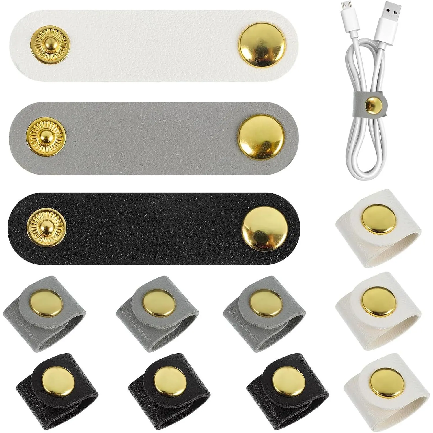 12 count Cord Organizer, Stocking Stuffers for Men Portable PU Leather Cord Holder Winder Keeper Earphone  Cord USB Straps Earphone Winder with Leather (Black/White/Grey)