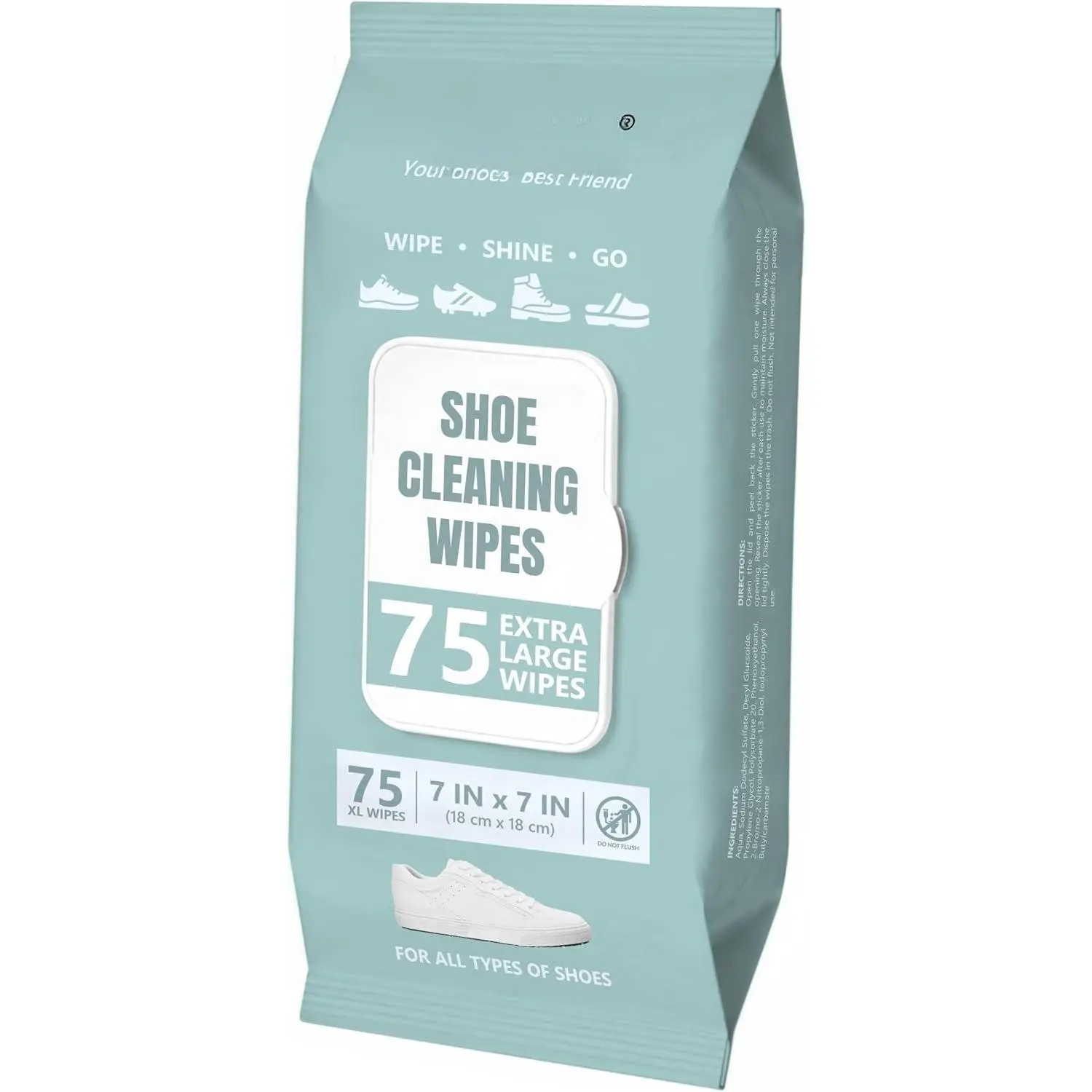 Shoe Cleaning Wipes 75 Ct, XL 7"x7" Wipes, Quick Shoes Clean Wipe for Leather, Suede, Boot, Sneaker, White Shoes