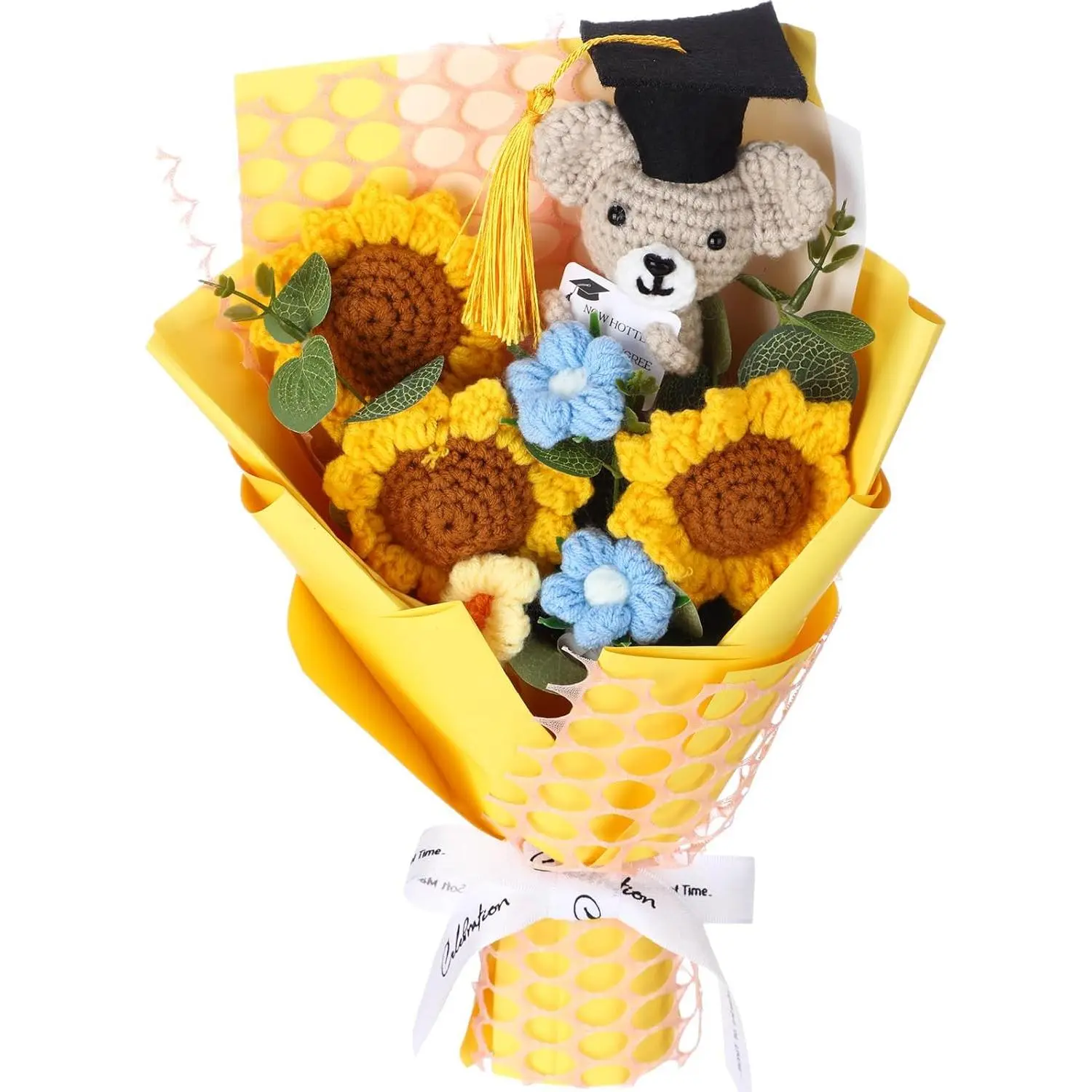Riceshoot Graduation Gifts Bear Flowers Bouquet 2026 Graduation Bouquet Gift Crochet Bear Artificial Sunflower Set with Greeting Card for Her or Him Grad Party Gifts Favors Supplies (Small Sunflower)