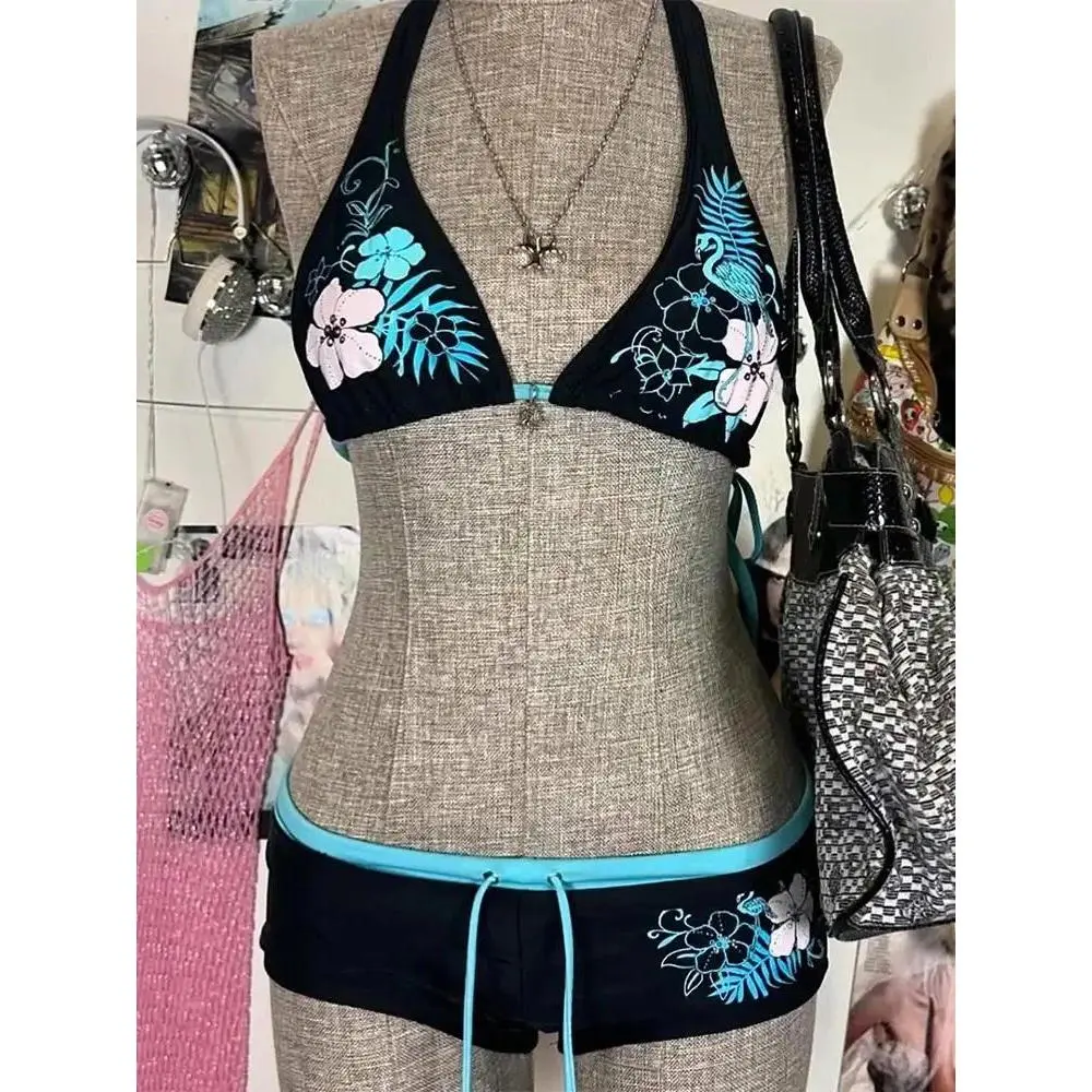 Vintage Flower Print Cutie Set Bikini 2000s Swimsuit Sexy Women Bathing Fashion Halter Strap Swimwear High Street Beach Female