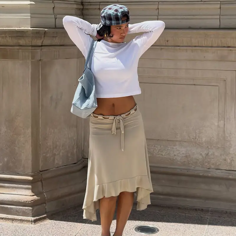 Hollow-out lace-up skirt for women, summer tie-up irregular long skirt, elegant women's skirt 2026