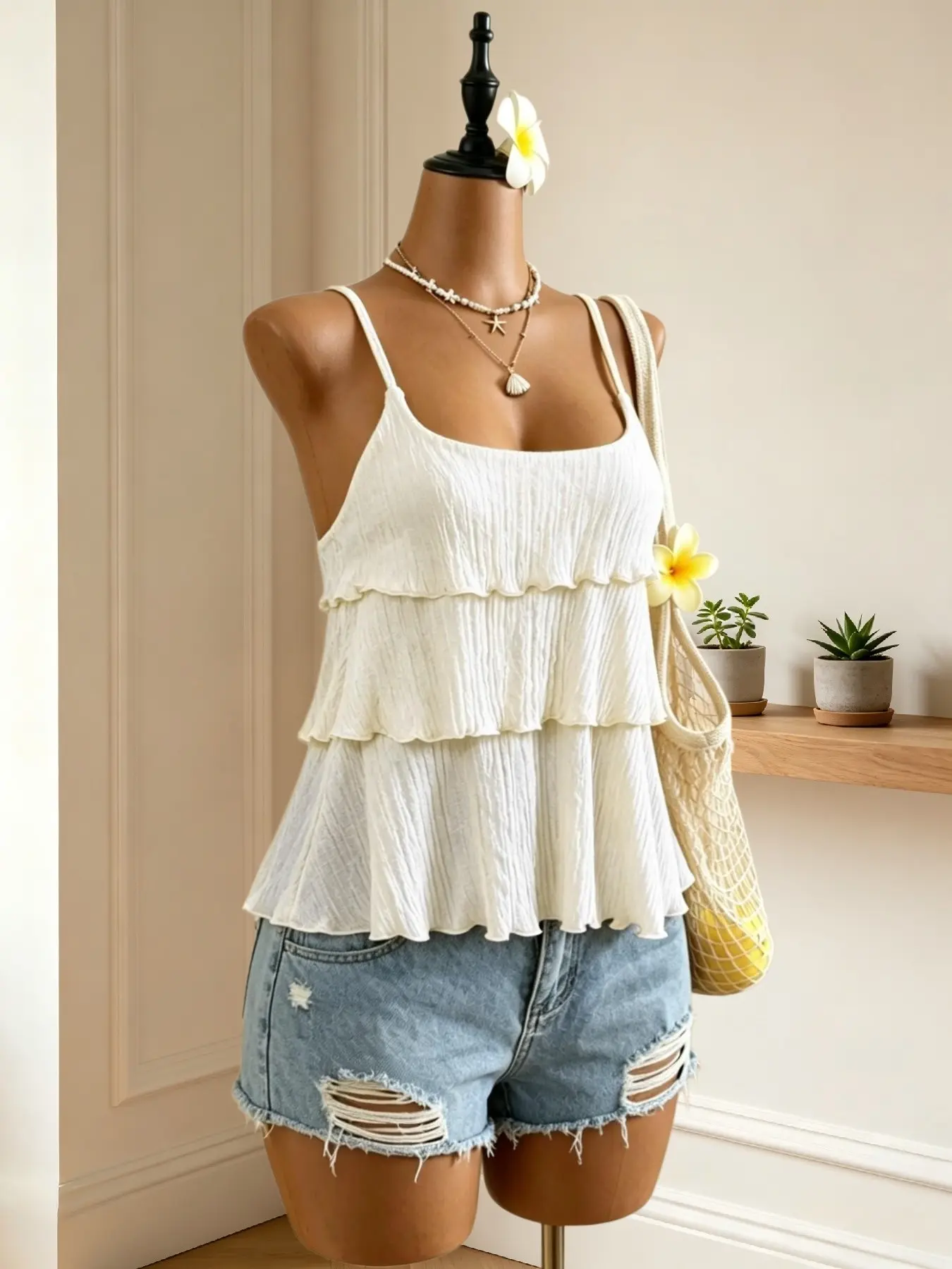 Summer Layered Halter Top with Thin Straps and Square Neck, Aesthetic Fluffy Feel for Daily Outings, Single Piece with Ruffled Design, Everyday Spaghetti Strap
