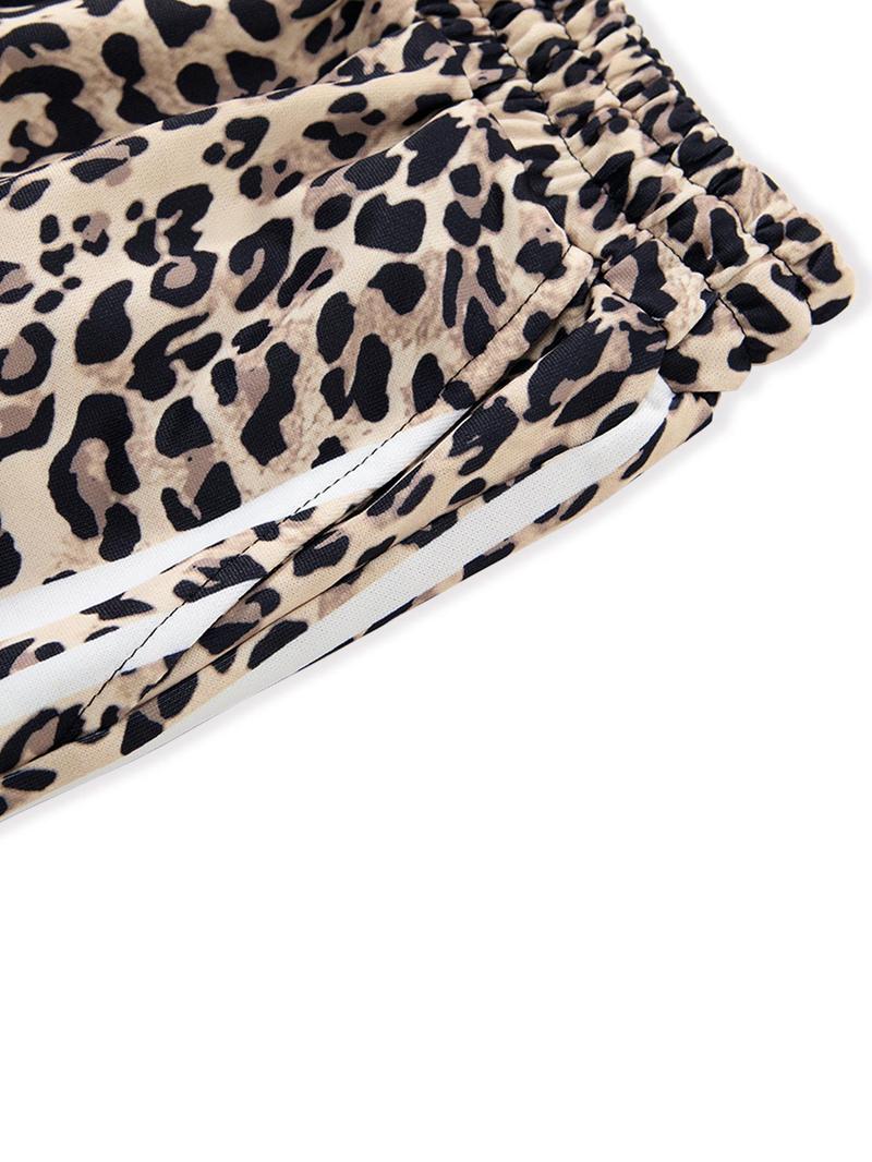 Women's Leopard Print Sweatpants Side Stripe Wide Leg Pants Y2K Streetwear Baggy Trousers with Bow Hem，Trendy Leopard Print Track Pants High Waist Loose Fit Casual Joggers Soft Comfy Lounge Trousers for Women，Hip Hop Street Dance Bottoms Fashion