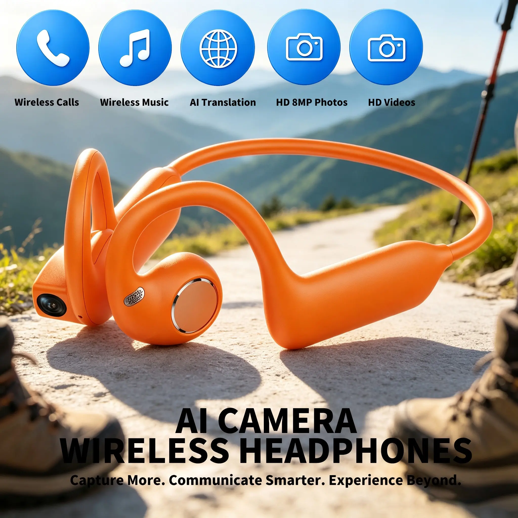 AI intelligent camera headset, Bluetooth wireless headset with bone conduction, supports AI voice assistant, object recognition Q&A, recording, photography, video recording, etc., 8GB memory, high-definition sound quality, suitable for daily outdoor sport
