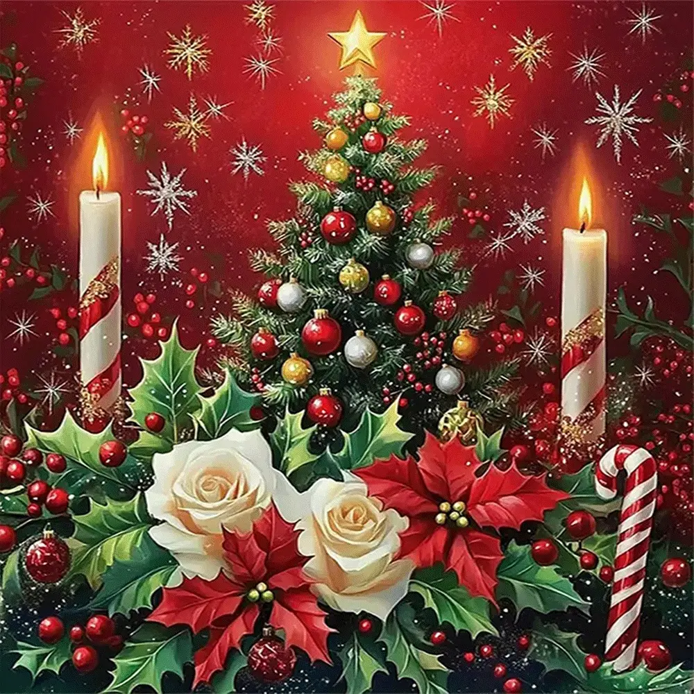 1PC,2D Christmas Diamond Painting Kit with Tree Candles Poinsettia Roses Snowflakes DIY Rhinestone Embroidery Art Craft for Home Wall Decor Xmas Gift for Adults Kids Holiday Decoration