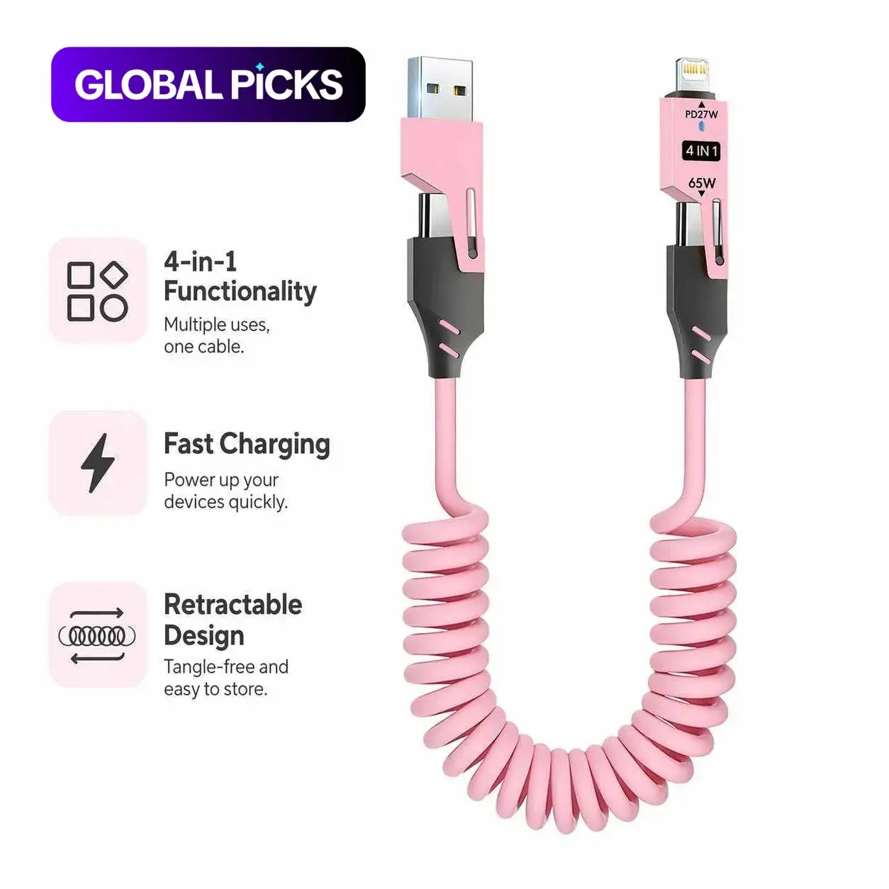 4-in-1 Coiled Retractable Phone Charging Cable, 65W USB-A/Type-C to USB-C Fast-Charging Cable, Multifunctional PD Cable for Home & Office Fast Charging Cables #GLOBAL PICKS