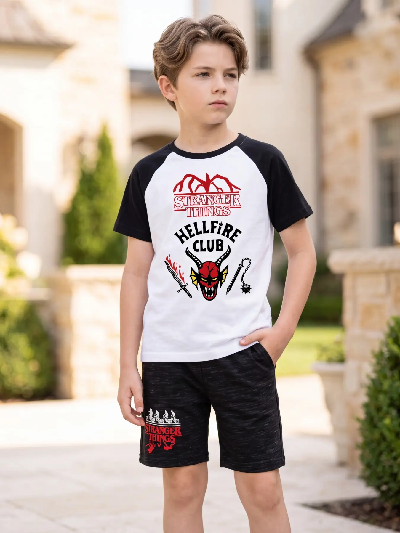 Official Licensed Stranger Things Kids Short Sleeve Matching Set, Summer Clothing Set, Retro Hellfire D&D Demon Graphic Raglan Tee & Printed Shorts Boys Sport Outfit, Breathable Sweat Wicking Summer Suit for Boys 4-13 Yrs, Outdoor