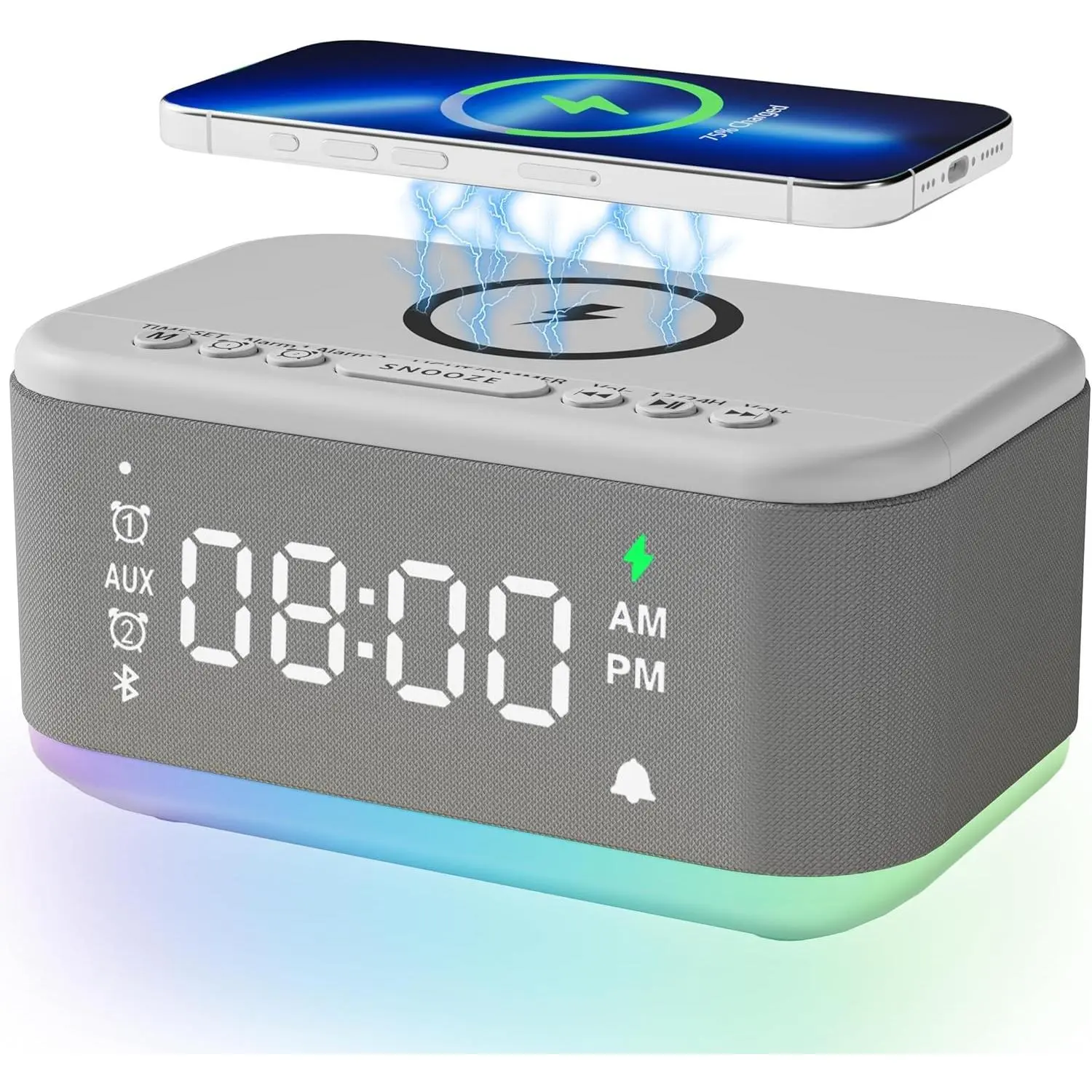 Multifunctional Digital Alarm Clock Speaker with Wireless Charger - Dimmable RGB Night Light Bluetooth Dual Alarm Snooze 12/24H for Bedroom, Gray
