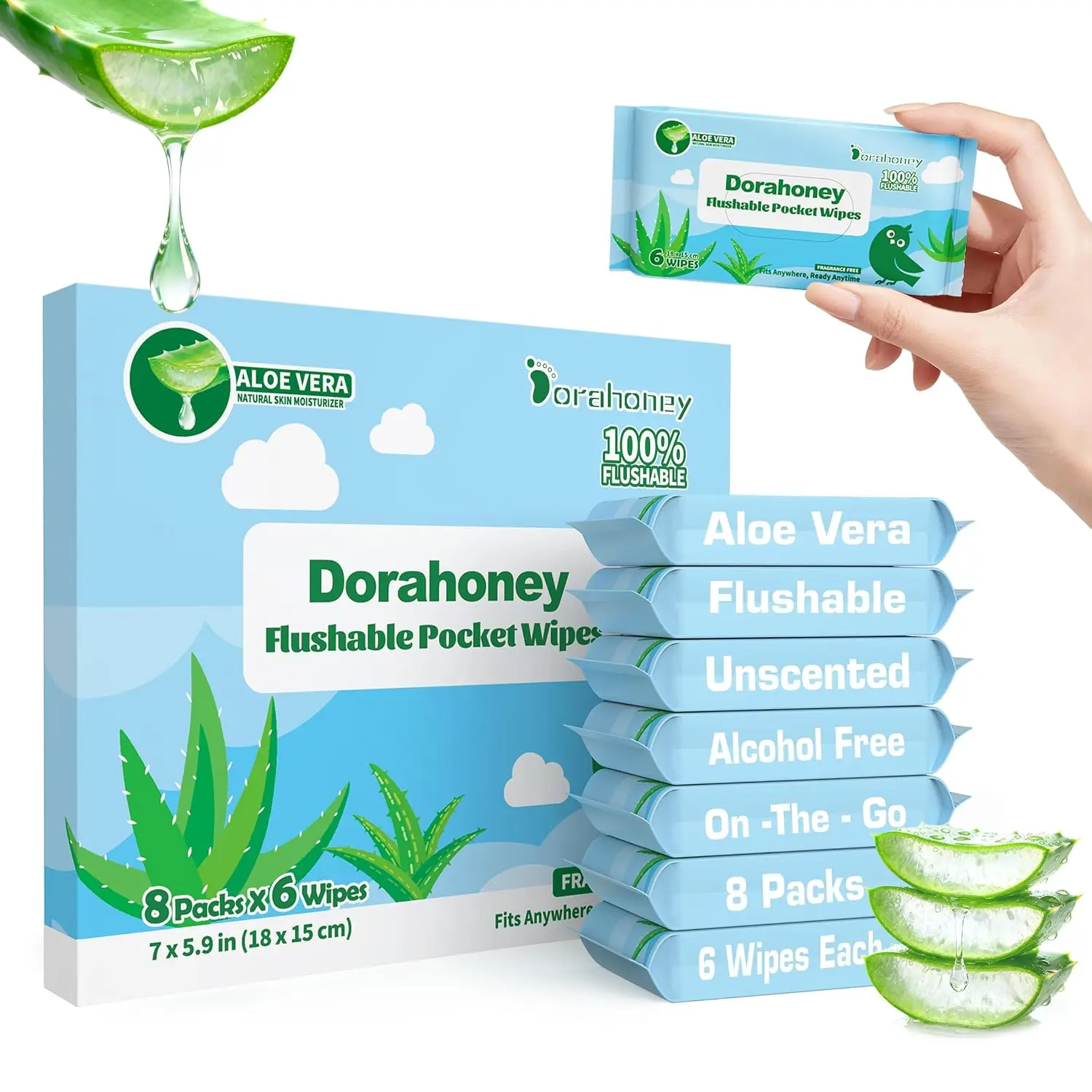 Flushable Travel Wipes with Aloe Vera, 99% Water Moisturizing Mini Wet Wipes for  , Unscented Pocket Wipes for  The Go Travel Essentials,  48 Count (8 Packs of 6)