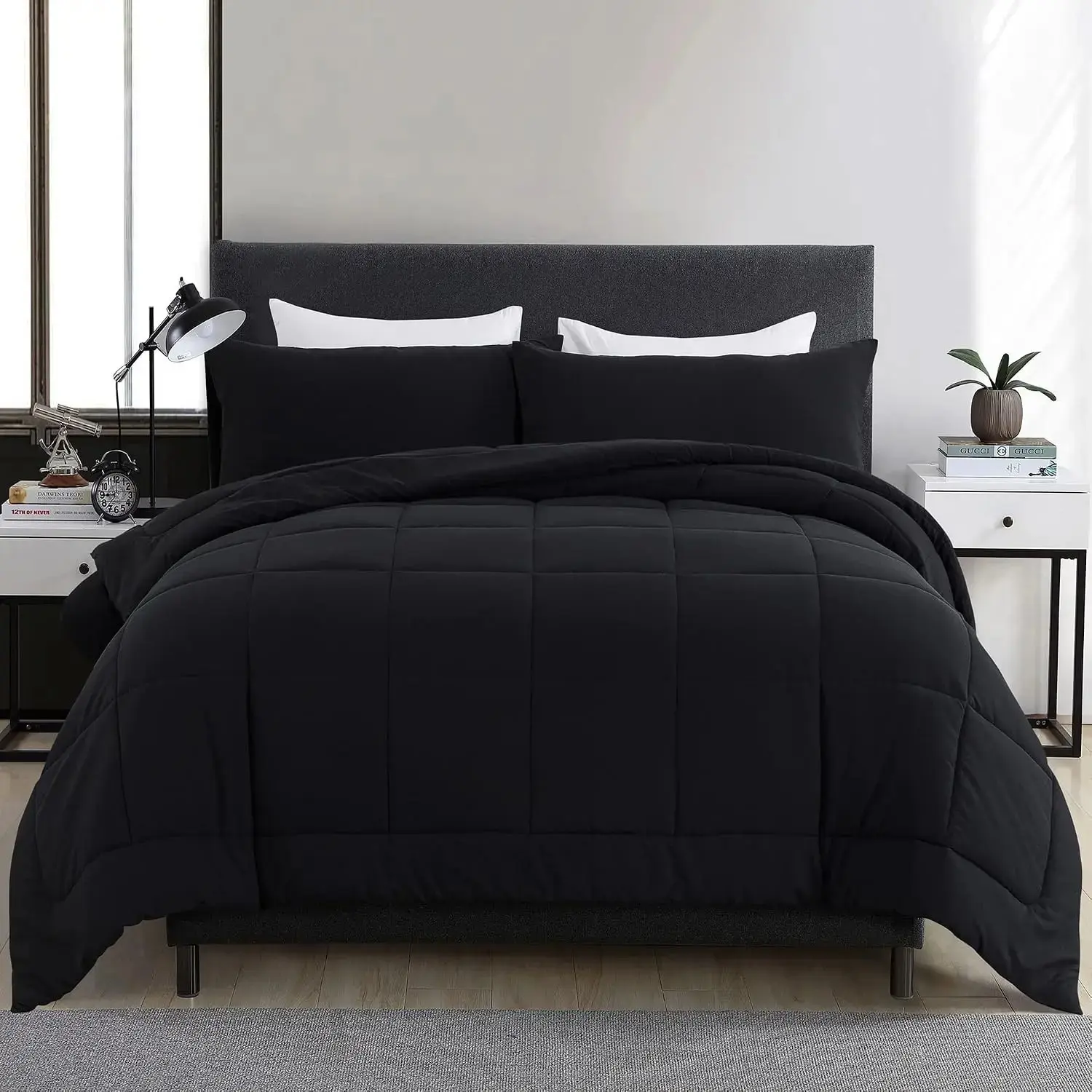 Queen Comforter Set - 3-Piece All-Season Down Alternative Bedding Set with 2 Pillow Cases, Box Stitching, Checkered Quilt, Corner Tabs (88"x92", Black)