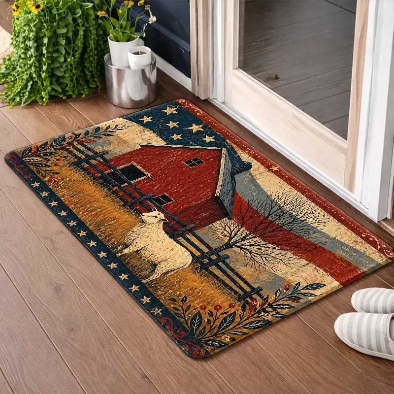 Flannel Floor Mat, American Country Red Barn Sheep Flag Pattern Floor Mat, durable, stain-resistant, machine washable, suitable for indoor use, door mat, kitchen, balcony, corridor, entrance rug, office, bedside, bathroom, dog mat
