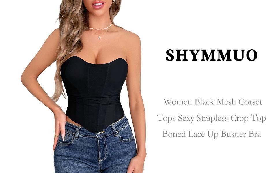 Women Black Corset Tops Satin Summer Going Out Strapless Bustier Crop Top for Party,Gothic,Halloween Costumes
