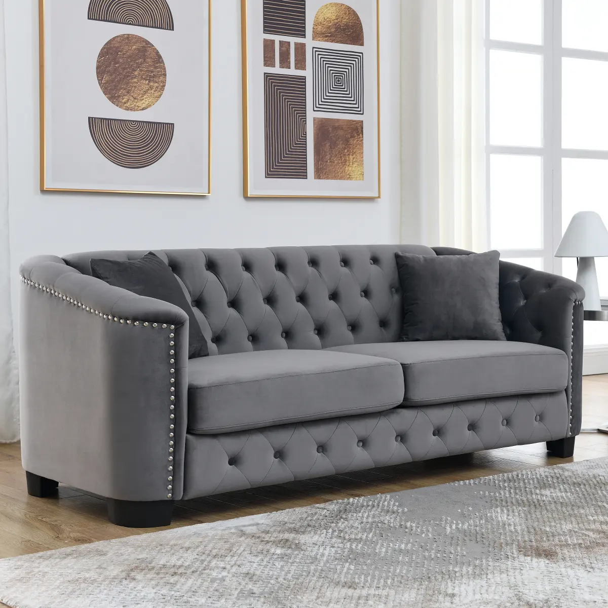 77-Inch Modern Chesterfield Velvet Sofa 3-Seater Couch, Upholstered Tufted Backrests with Nailhead Arms and 2 Cushions for Living Room, Bedroom, Apartment, Office (Grey)