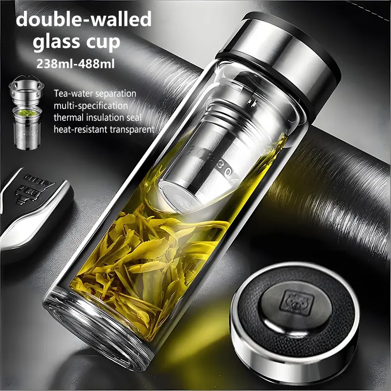 Thick Heat-Resistant Double-Wall Glass Cup, Sealed Tea Water Separator, Suitable for Car, Outdoor, Home, Office, Hot Water, Milk, Beverages, Beer, Coffee