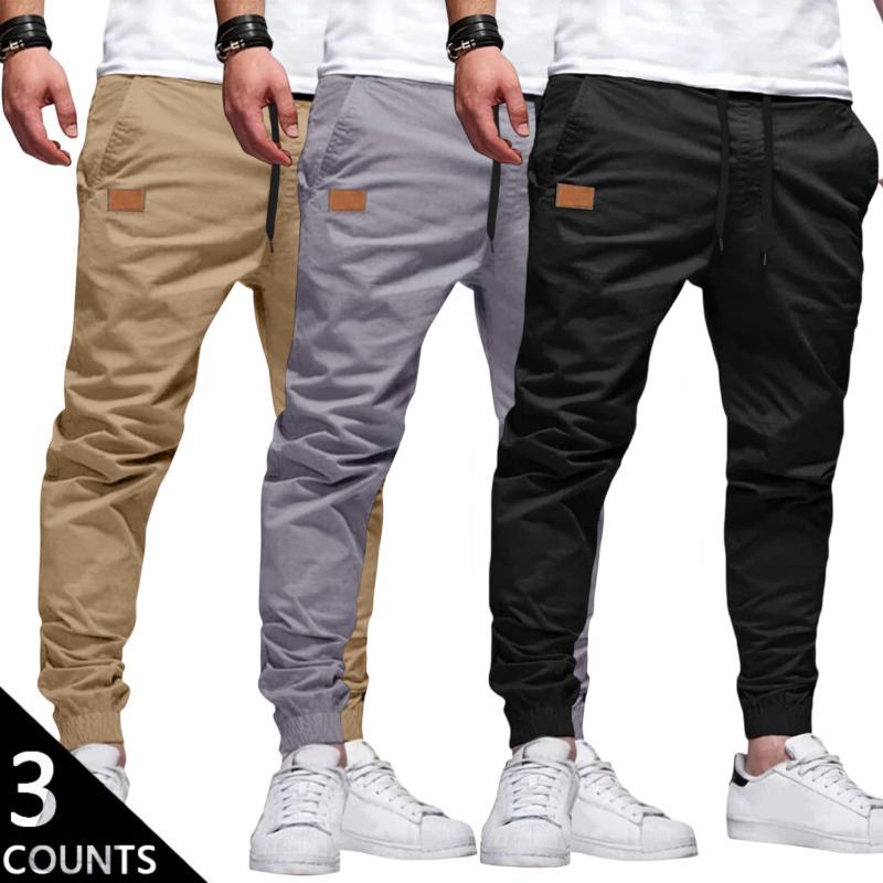 Men's 3-Pack Casual Jogger Pants - Khaki, Grey & Black Colors - Elastic Waist with Drawstring, Ribbed Cuffs, PU Patch Detail - Lightweight 100% Polyester Fabric - Perfect for Streetwear, Travel, Daily Wear - S-3XL Sizes
