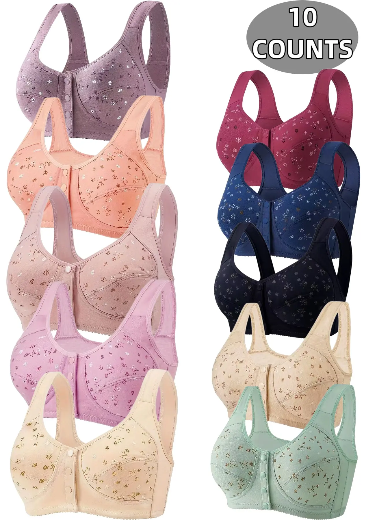 10-Pack Women's Wire-Free Front Buckle Bralettes, Elegant Seamless Comfort Fit, Daily Wear Underwire Free Bras, Breathable Soft Fabric, All-Day Support