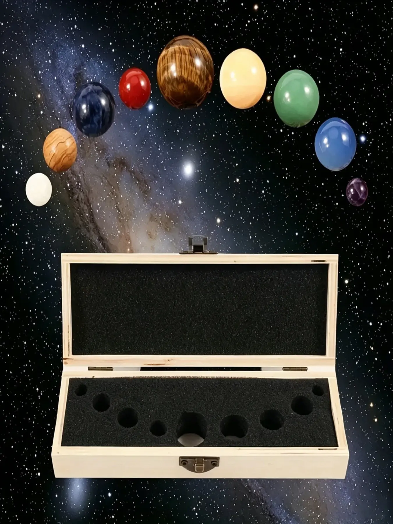 9pcs/1set Natural crystal nine-planets solar system wooden gift box set, crystals for balancing energy chakras and healing, decorative stones and jewelry, ideal spiritual gift for astronomy enthusiasts, for Tarot card divination and astrological research.