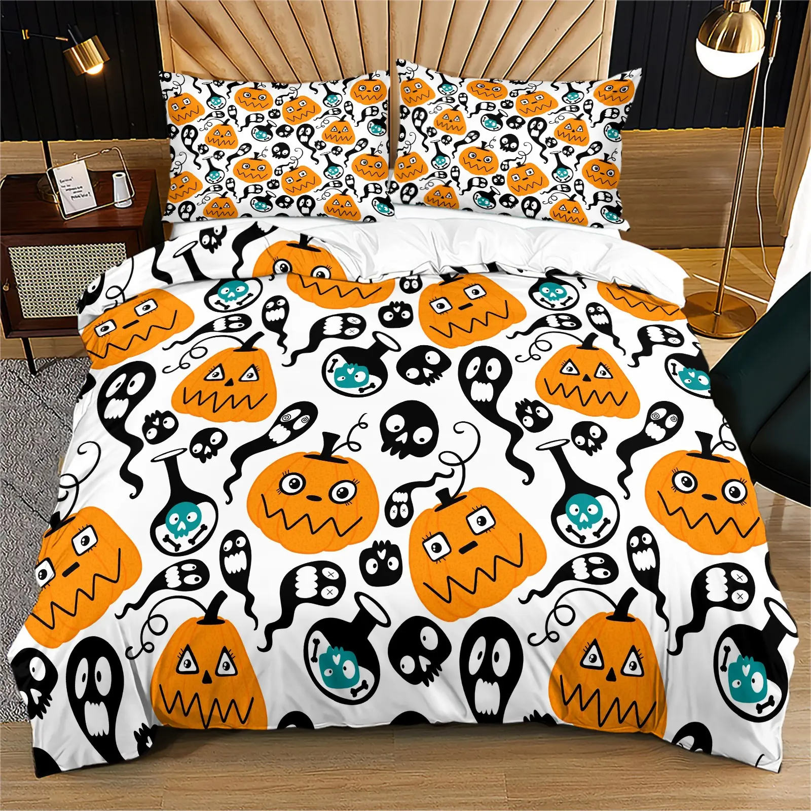 Cute Cartoon Halloween Bed Sheet Set with Funny Pumpkin Ghost Skull and Poison Bottle Designs, Includes 1 Duvet Cover and 2 Pillowcases, Perfect for Halloween Holiday Bedroom Decor