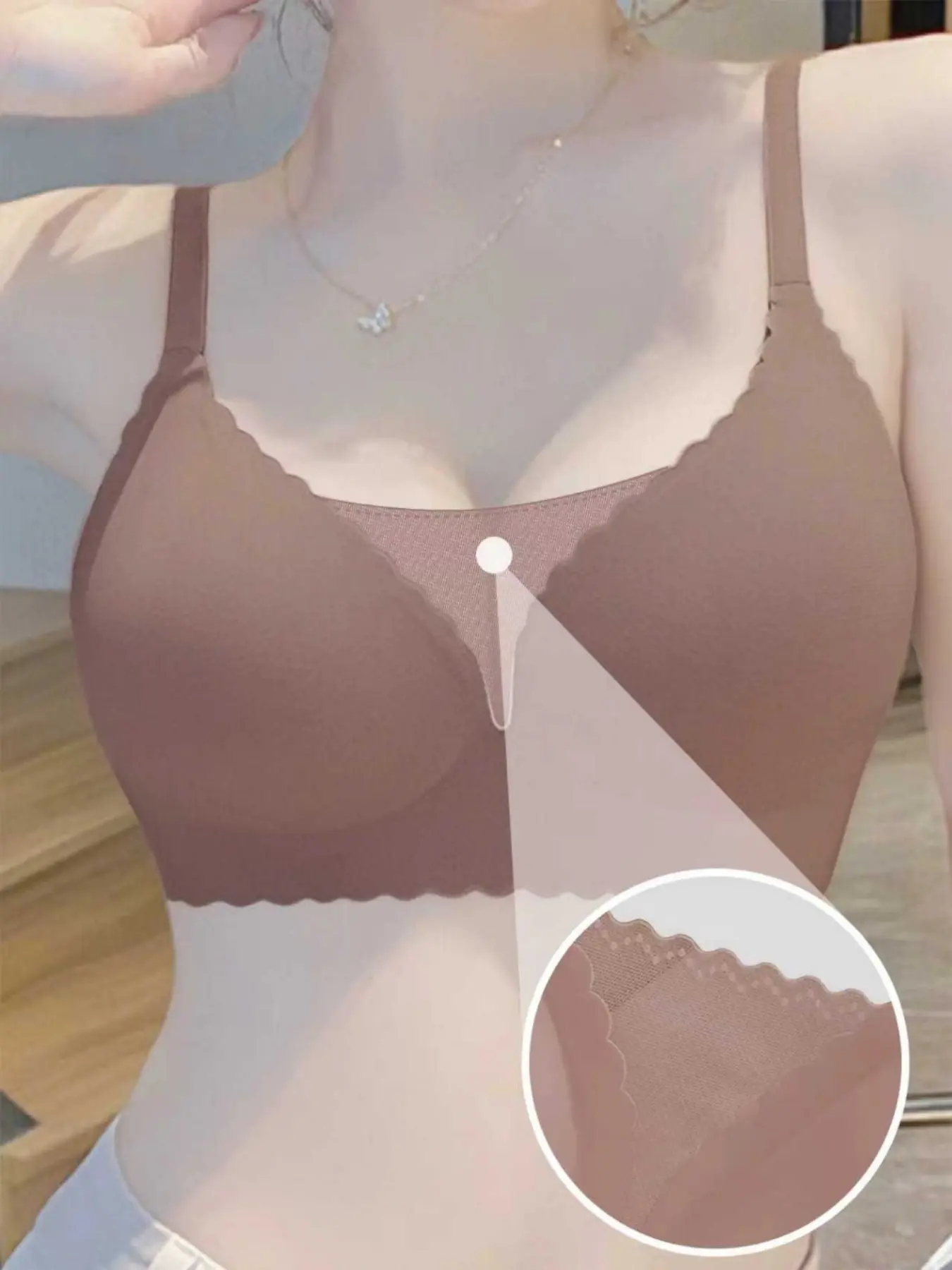 Seamless Scallop Mesh Bralette, No Wire Soft Support Breathable Bra for Women