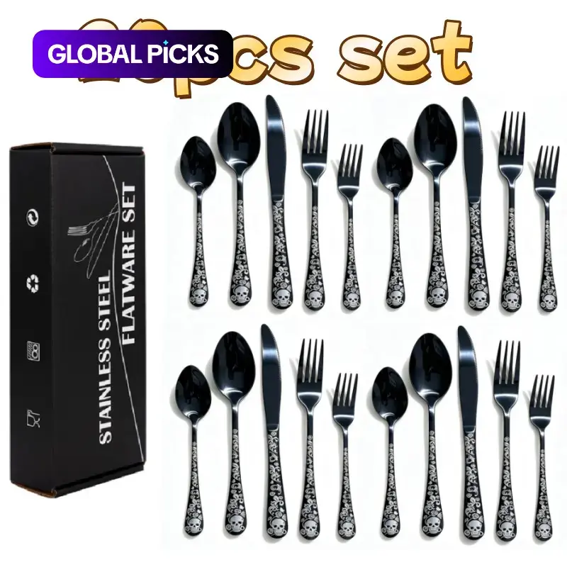 20-Piece Stainless Steel Cutlery Set, Gothic Skull Design, Food-Grade Material, Mirror Finish, Durable Tableware, Ideal for Halloween Parties