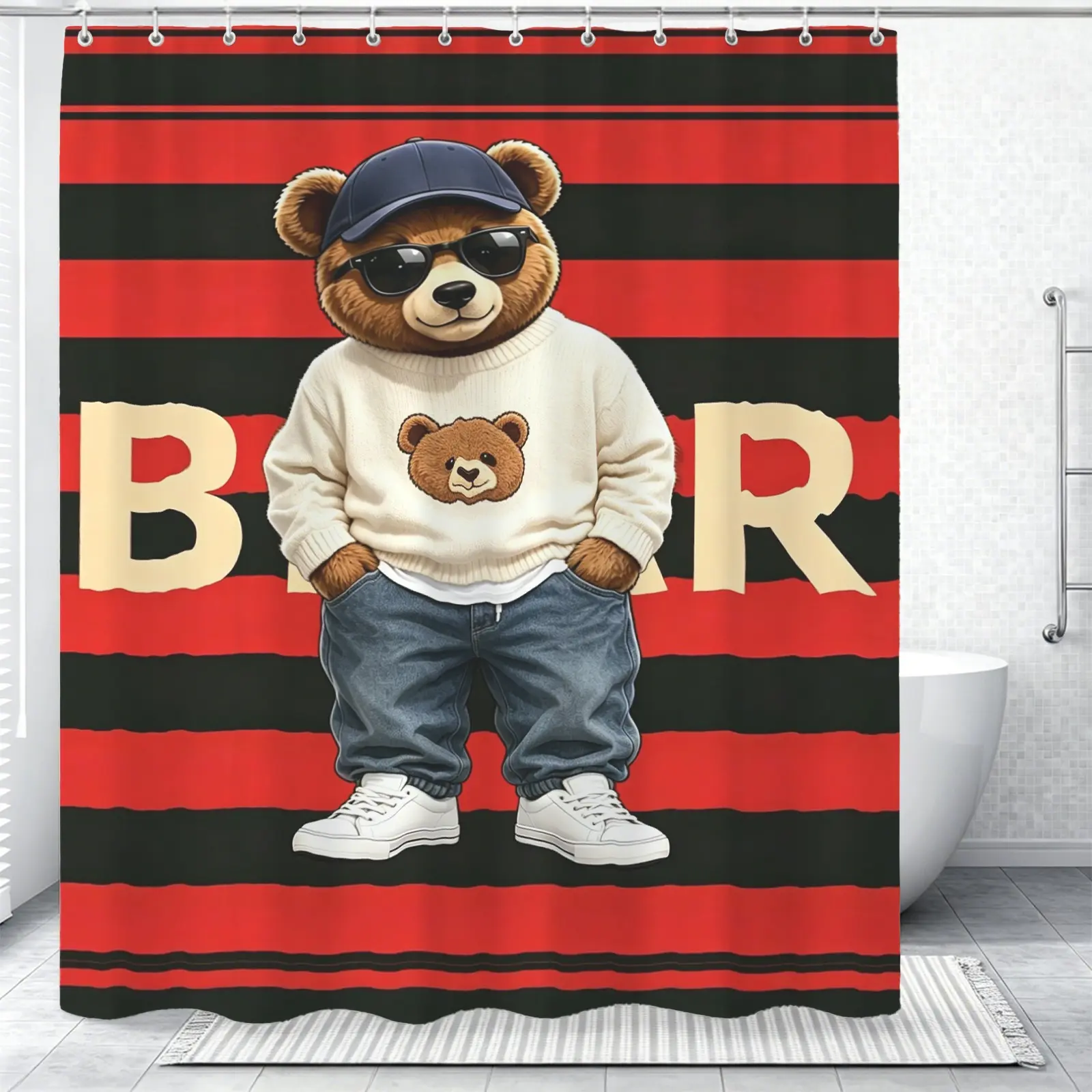 Trendy and cool teddy bear printed decorative bathroom shower curtain (with hook), a great gift for home decoration and a practical home item, Aesthetic Shower Curtain