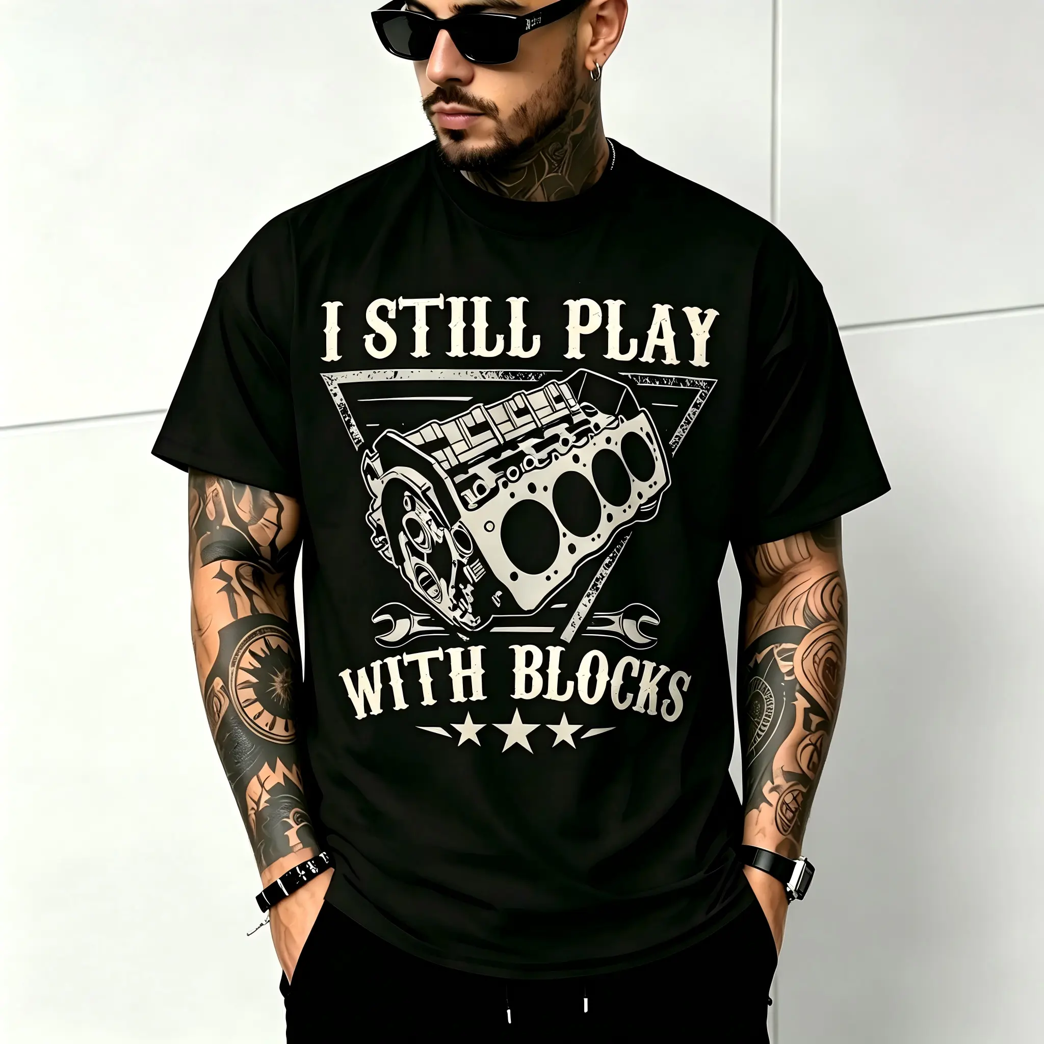 Unisex 'I Still Play With Blocks' Graphic T-Shirt, Funny Street Style Shortsleeve Tee for Mechanics, Soft Cotton with a Breathable Comfort Fit, Fashion, Print, Stylish, Casual