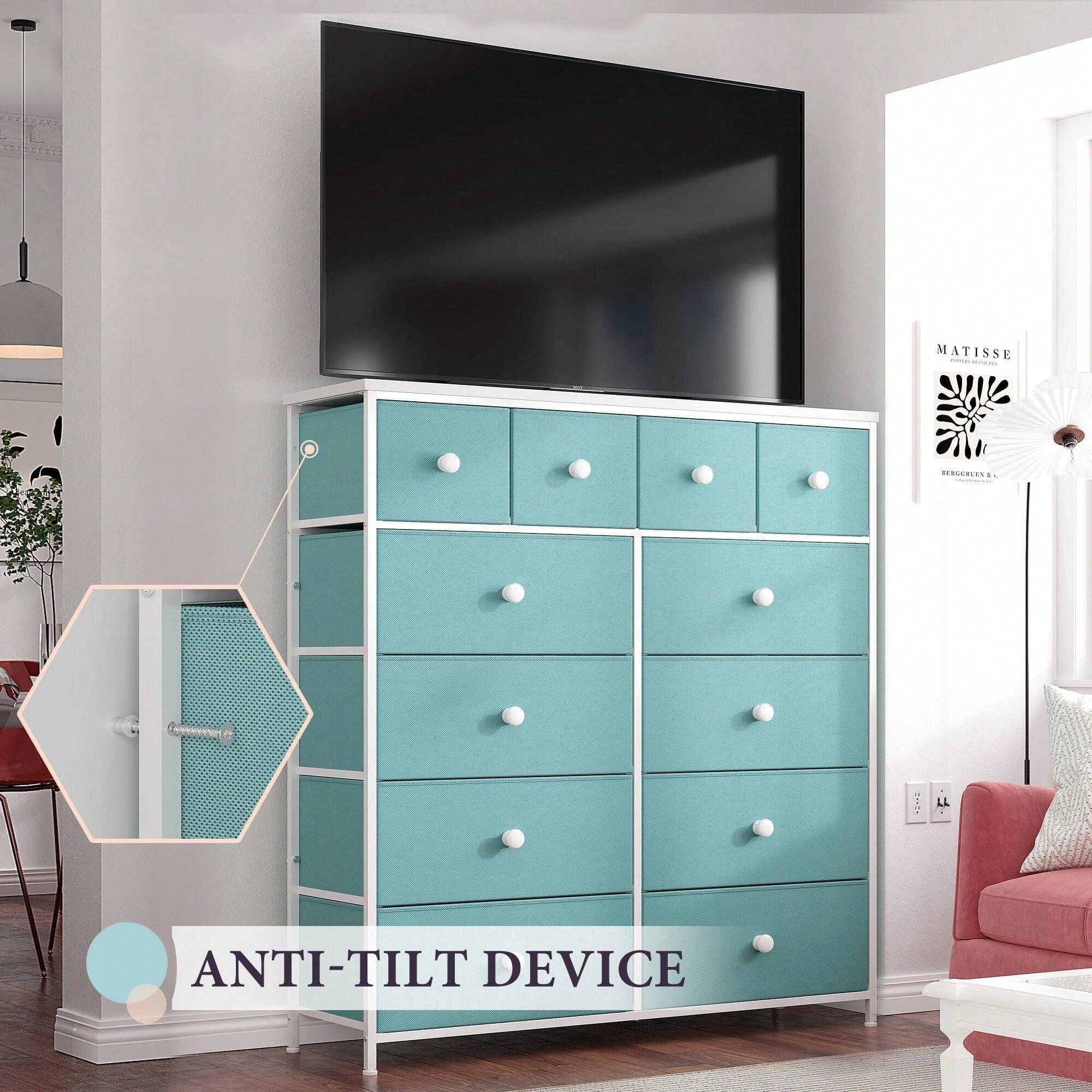 Dresser For Bedroom With 12 Fabric Drawers, Tall Dresser With Wooden Top & Metal Frame, Bedroom Dresser, Dressers & Chests Of Drawers, Room Decor, Home Deco, Festival Decor, Pink