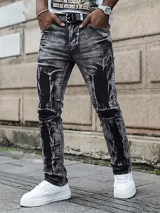 Men's Fitted Asymmetrical Jeans, Multi-Process Comfortable Daily Wear, Fashion Trendy Versatile Design, Plain Pattern, China Origin
