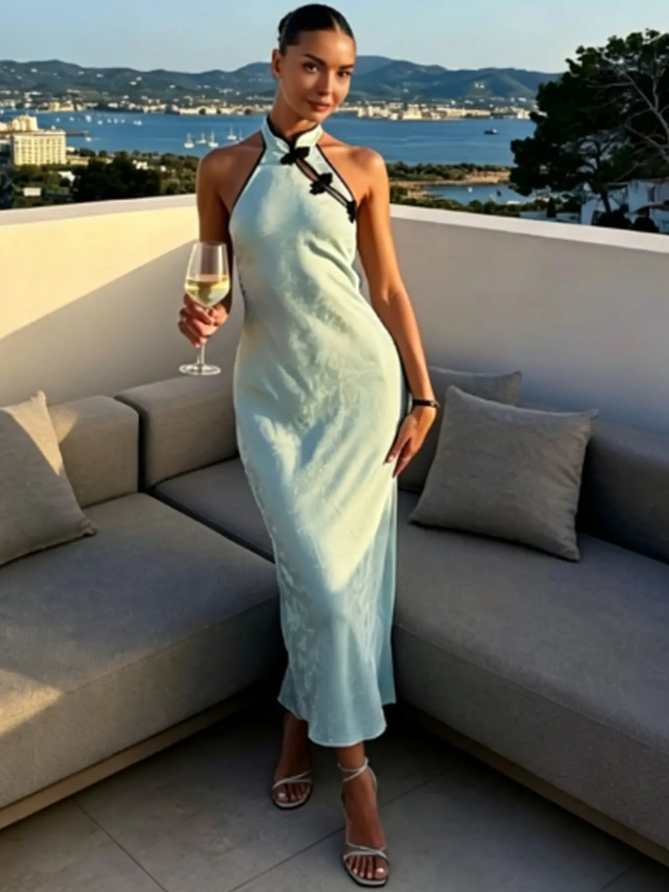 Jacquard Satin Halter Neck Dresses Summer 2026 Formal Elegant Qipao Backless Maxi Dresses Ladies Fashion Sleeveless Frog Buttons Dress Chinese Style Vestidos Beach Evening Vacation Wedding Birthday Dress