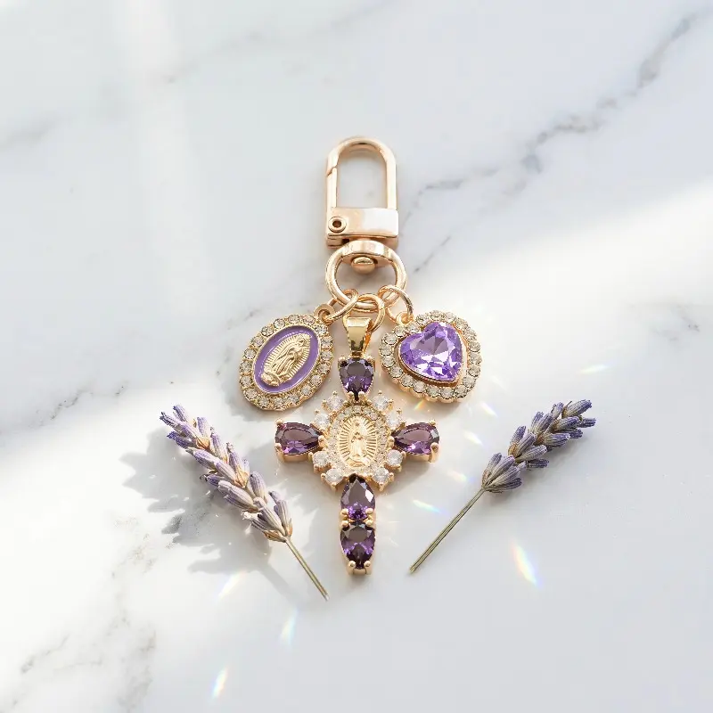 Rose Gold Virgin Mary Cross Clip-On  Charm  - Heart Crystal, Boxed Catholic Religious Gift for Women, Confirmation & Communion, Car Key Accessory,  Charms,  For Car Keys