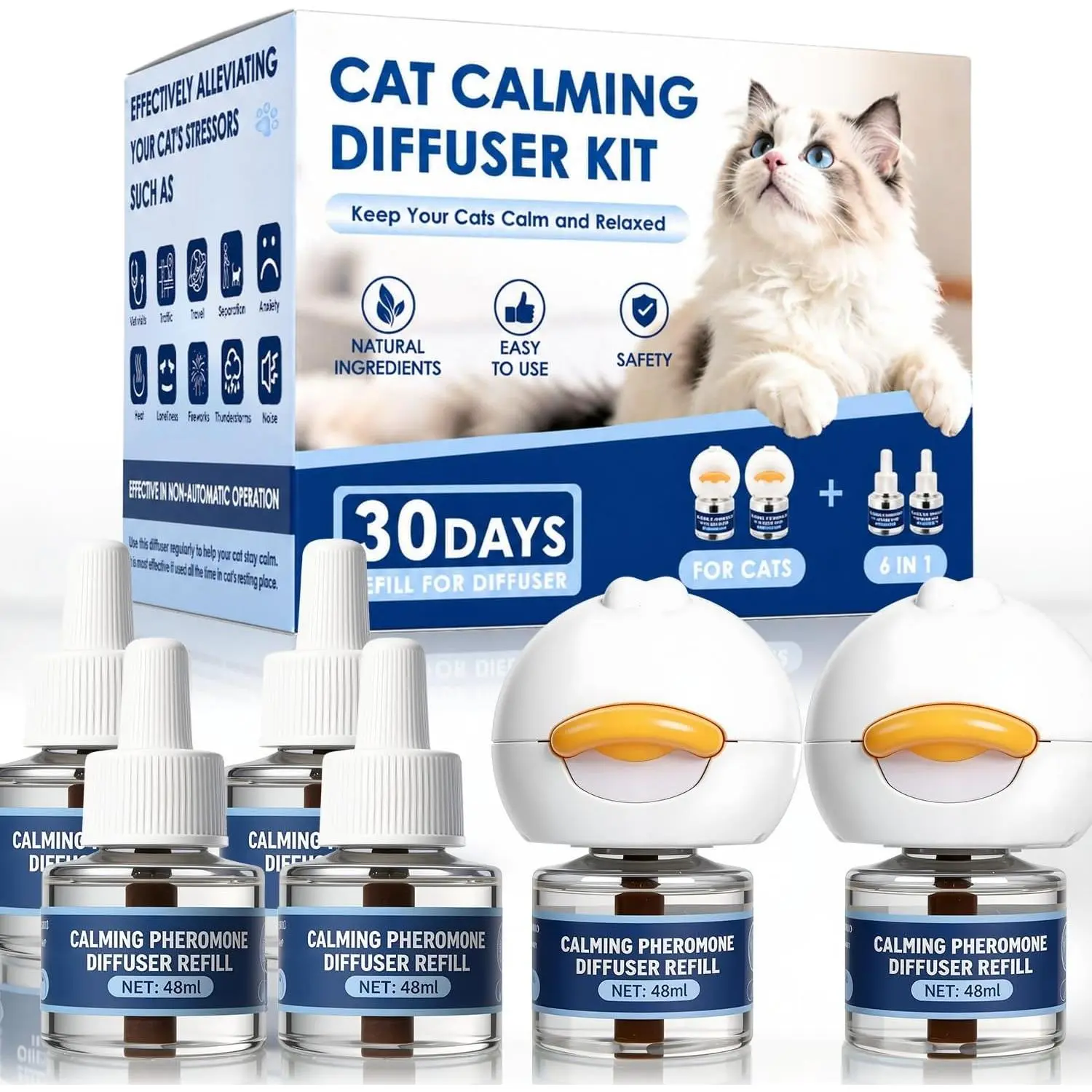 Cat Calming Diffuser, Pheromone Diffuser for Stress Relief & Anxiety Support, Helps Reduce Scratching, Spraying, Fighting and Hiding, Calming Plug In for Multi Cat Homes, 2 Diffusers + 4 Refills