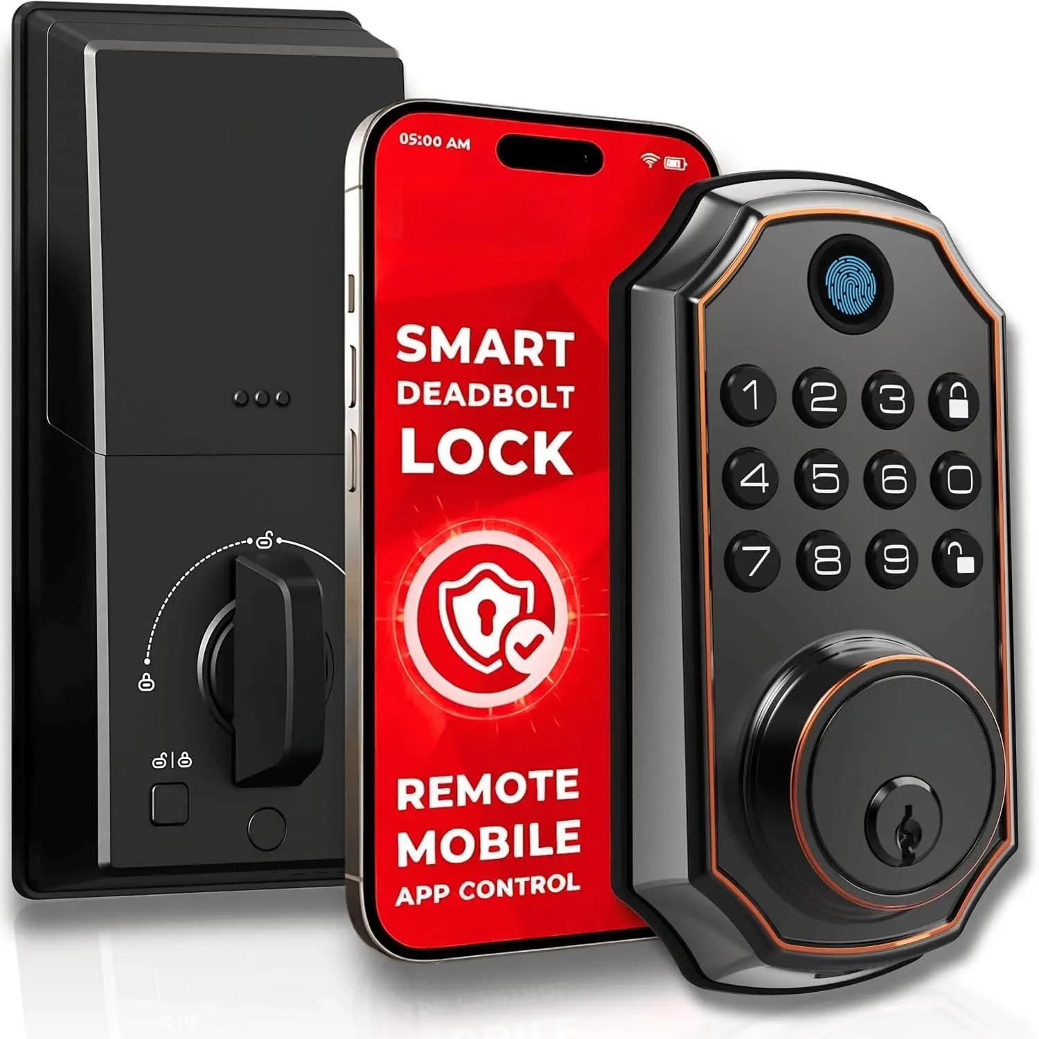 Door Lock V5O5BF, Keyless Entry Door Lock with Keypad and  App Control, Fingerprint Deadbolt,  Door Lock for Front Door, Auto Lock, IP54 Weatherproof, Easy Installation.