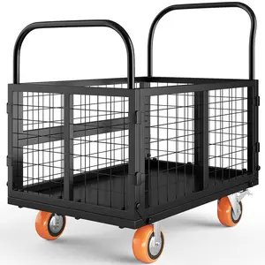 6-in-1 Heavy Duty Foldable Platform Cart holds up to 1800 lbs, equipped with detachable mesh side panels and locking rolling wheels, versatile flatbed dolly ideal for transporting goods in warehouse, garage, supermarket grocery and laundry storage daily