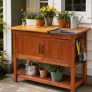 Outdoor Wooden Potting Bench Table with Sink and Storage Cabinet, Multifunctional Garden Workstation with Sliding Tabletop, Removable Tray, Bottom Shelf, Side Hooks, Solid Wood, Reddish Brown/Yellow Options, for Patio Lawn Backyard