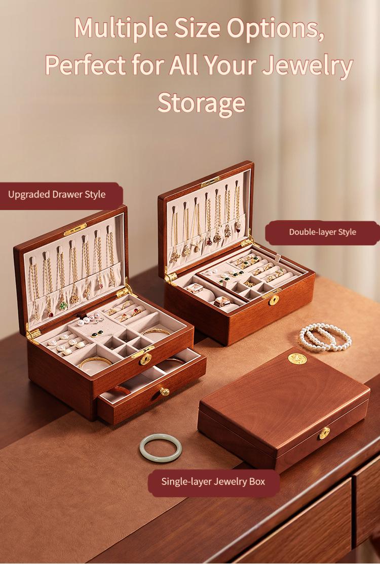 Solid wood embedded double-layer home jewelry box, desktop earring and ring storage box, flip-top lockable accessory storage box