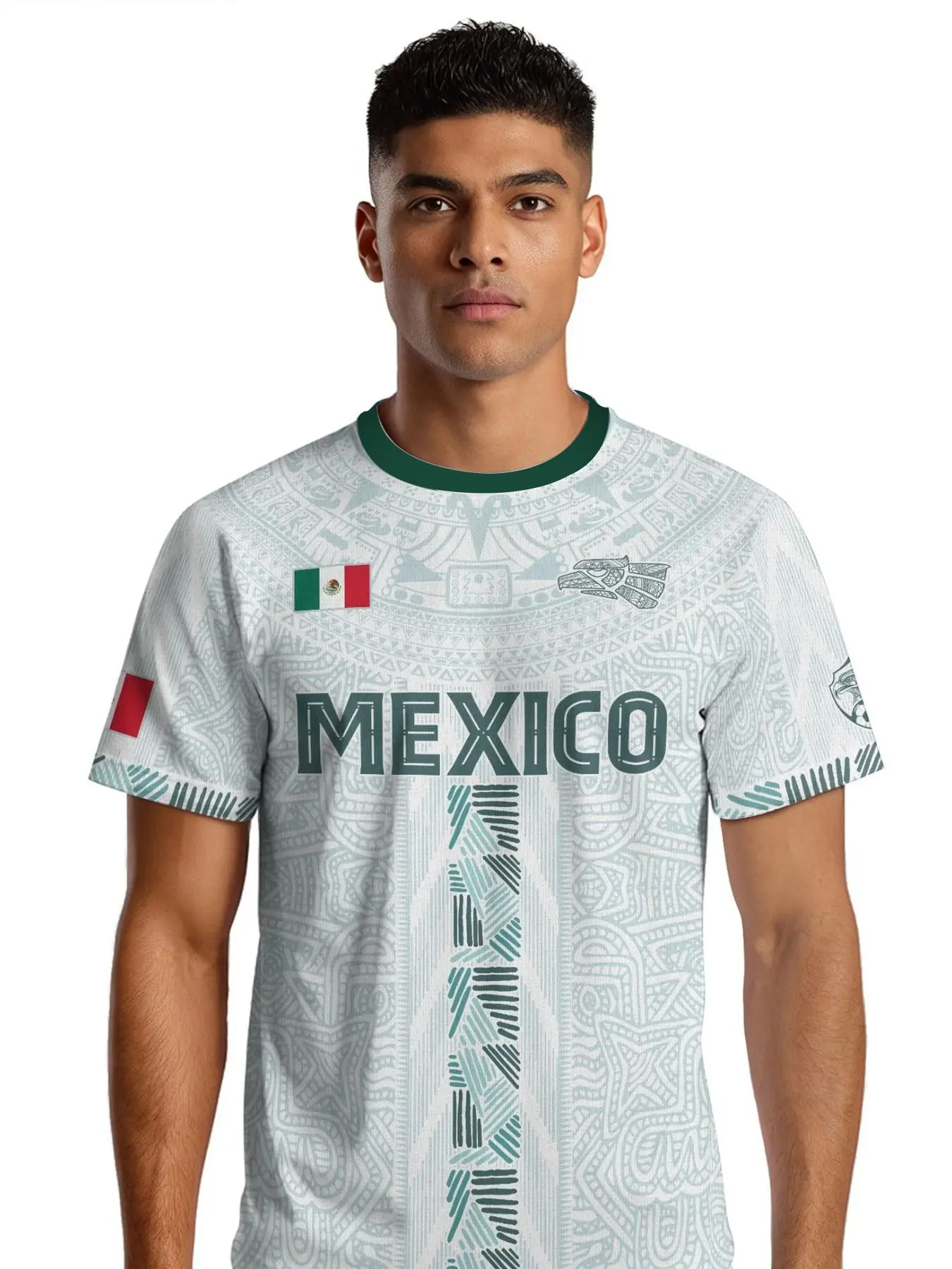 Mexico Aztec Calendar Heritage Soccer Jersey, Long Fitted Sporty Style for All Seasons, Animal and Ethnic Pattern Jersey, Jersey Shirts, Sportswear Top, Athletic Active Tops